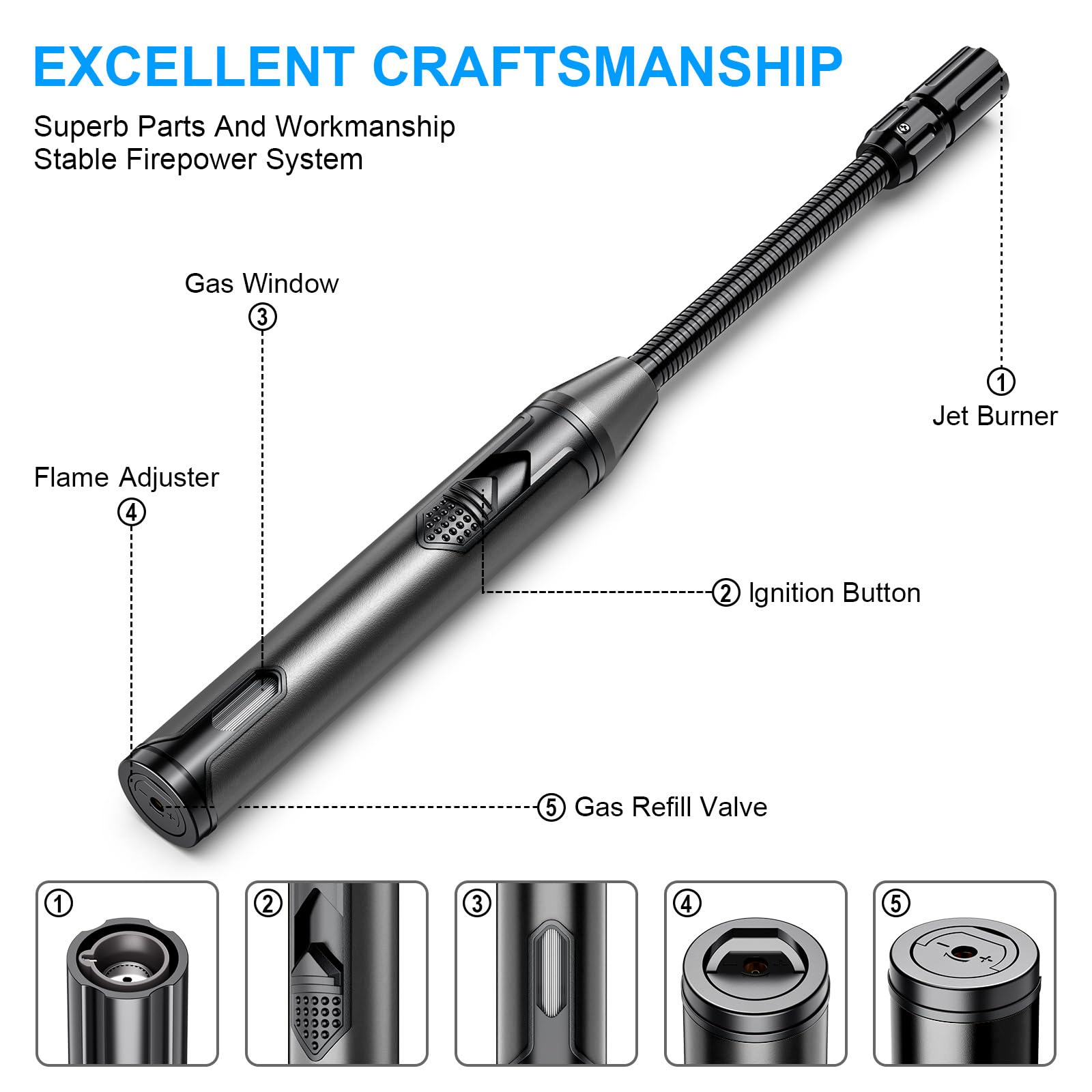 Refillable Butane Torch Lighter with Flexible Neck for BBQ, Camping & Kitchen Use