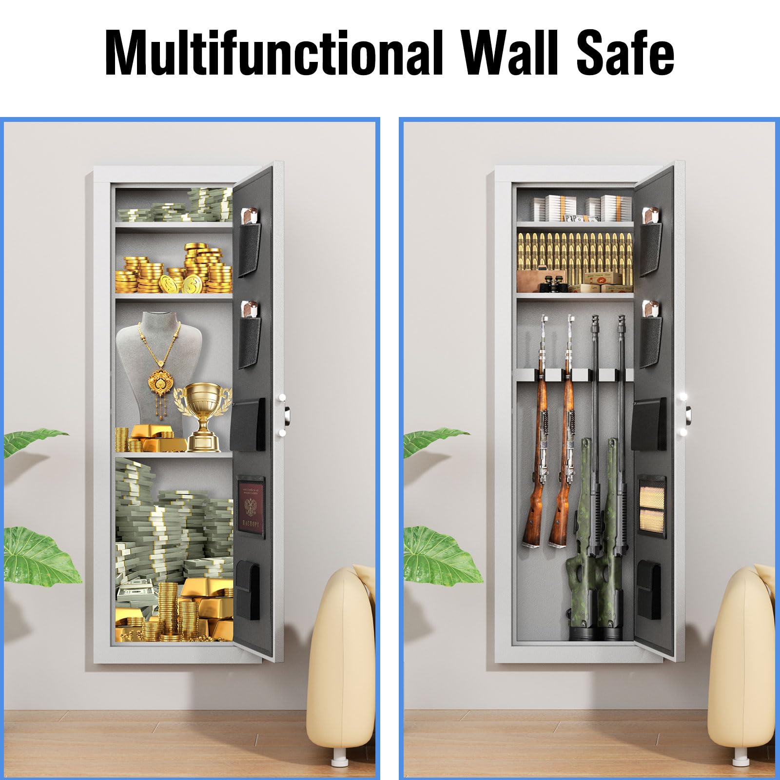 INTERGREAT 53 Inch Large Wall Gun Safe for Rifles - 4 Gun Capacity, Adjustable Rack & 3 Removable Shelves - White Alloy Steel Security Cabinet with Digital Keypad & Biometric Fingerprint Lock - Perfect for Home, Office, or Cabin Firearm Storage