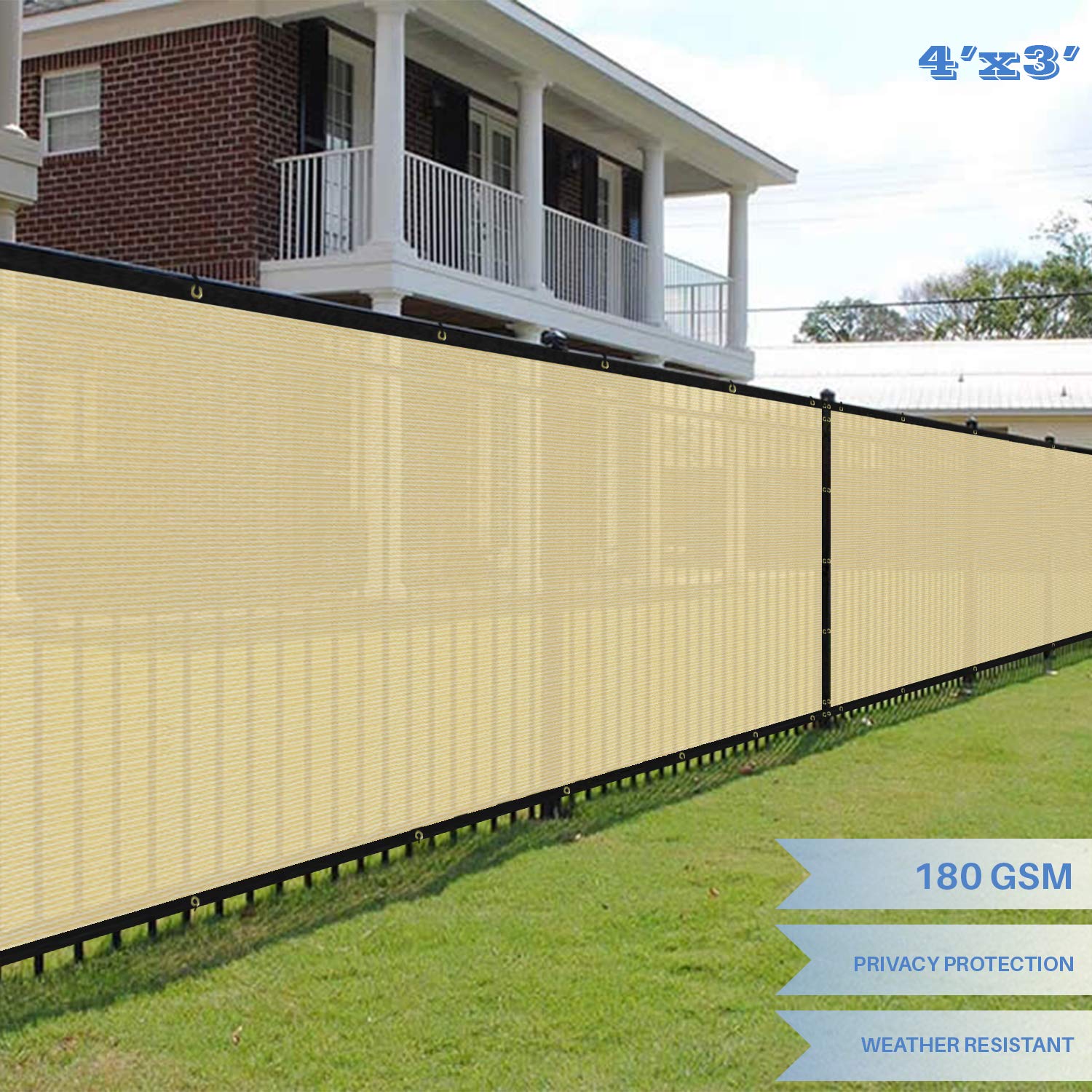 E&K Sunrise 4' x 3' Beige Privacy Fence Screen with Grommets - UV Blocking Outdoor Windscreen for Backyard, Garden & Patio Cover - Perfect for Creating Shade, Enhancing Privacy & Decorating Outdoor Spaces