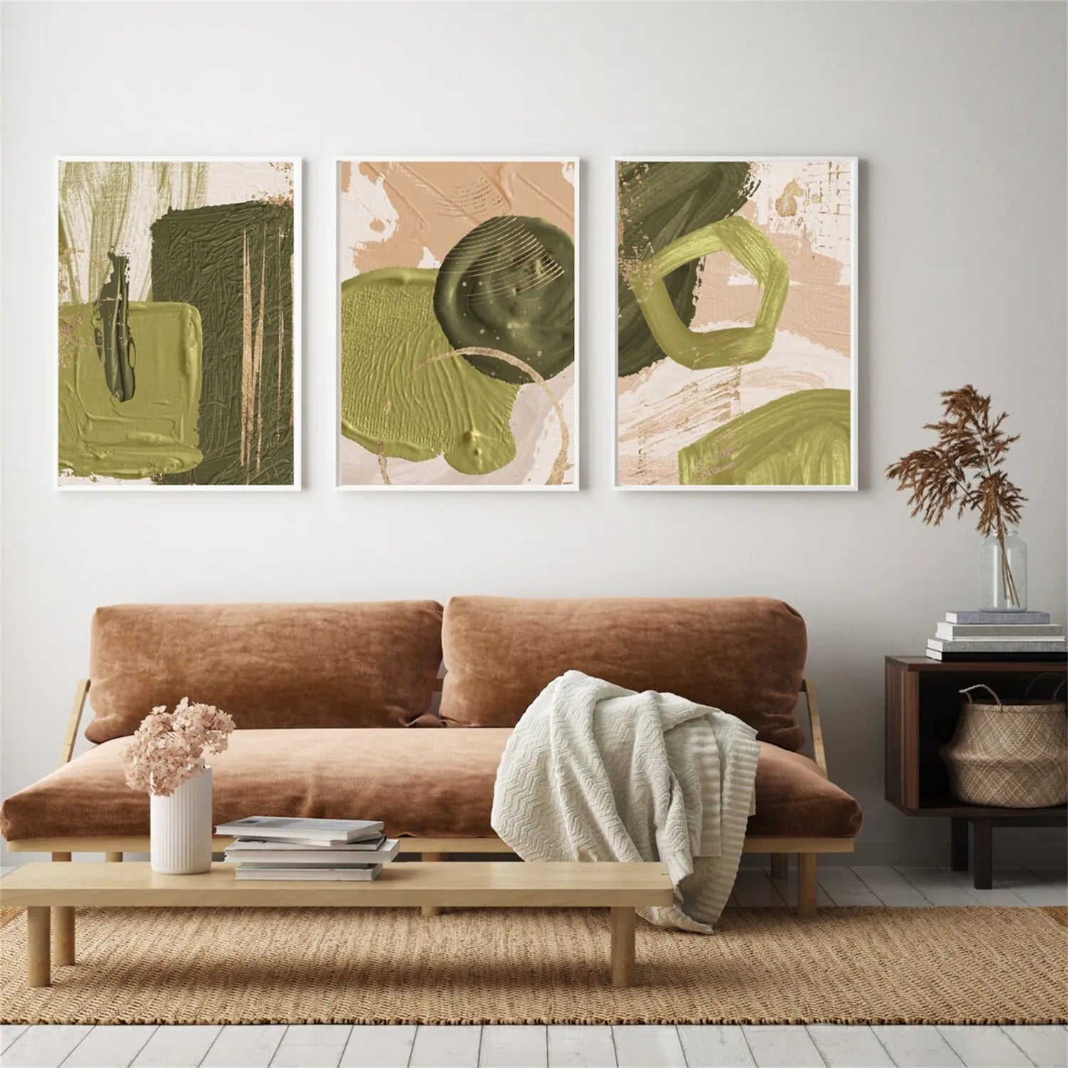Abstract Blue & Green Wall Art Set of 3 Canvas Paintings - Modern Home Decor for Living Room, Bedroom & Office #BG083