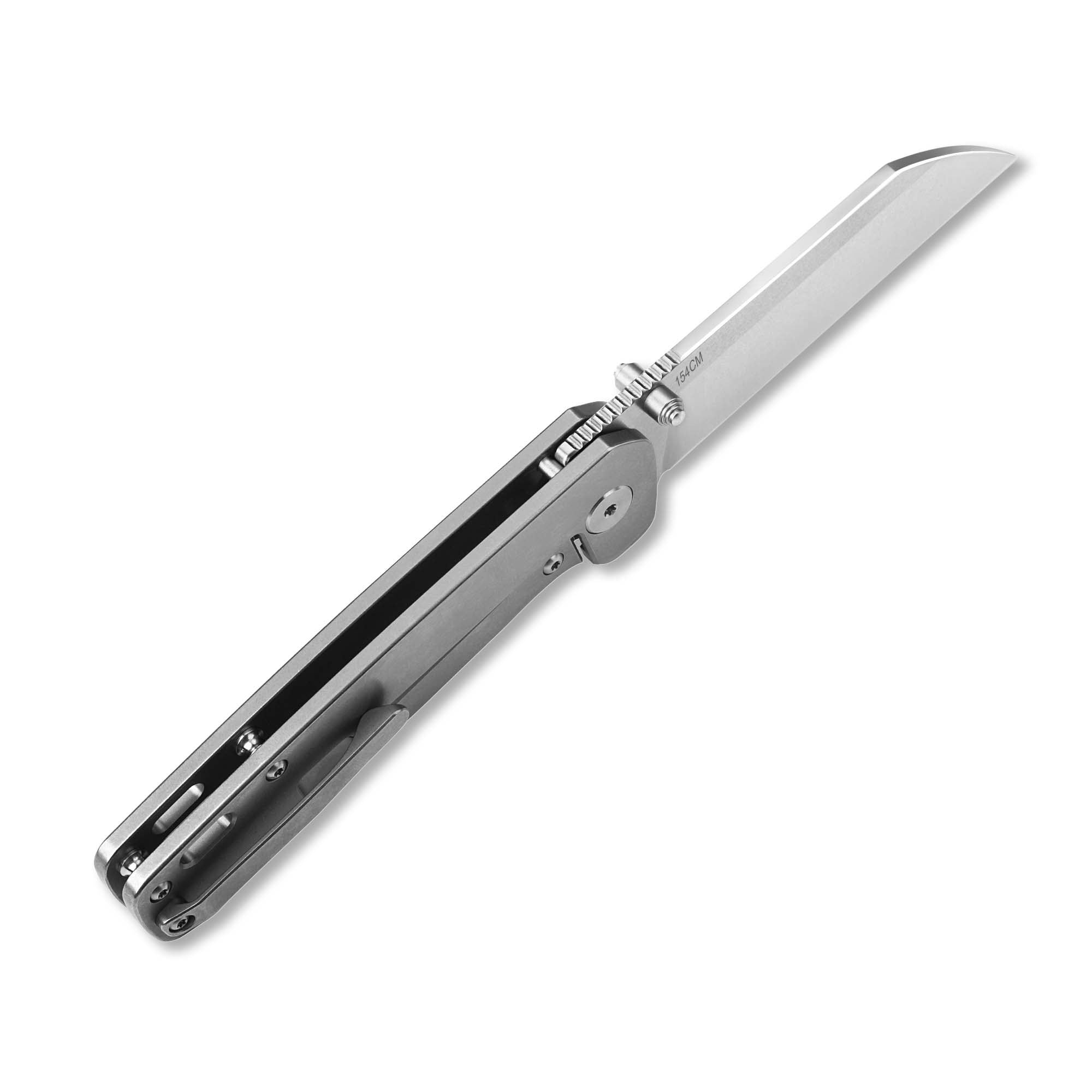 QSP Penguin Frame Lock Pocket Knife - 154CM Stainless Steel Blade, Bead Blasted Stonewashed Titanium Handle - EDC Knife for Camping, Hiking & Outdoor Adventures