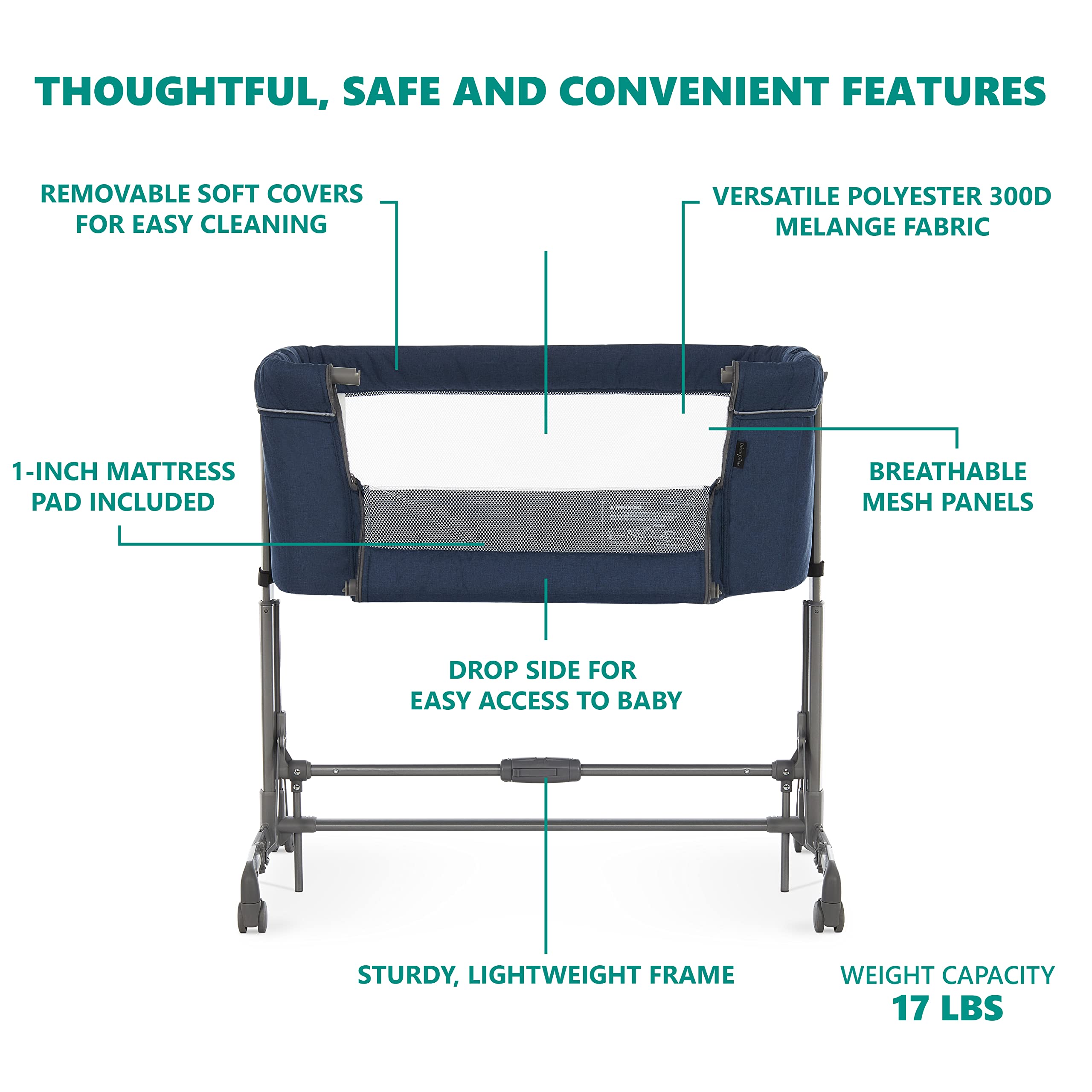 Dream On Me Zimal Bassinet & Bedside Sleeper - Dark Blue Lightweight Portable Baby Crib with Breathable Mesh Panels | Easy Fold Travel Bassinet for Newborns | JPMA Certified | Perfect for Nursery, Bedroom & Travel