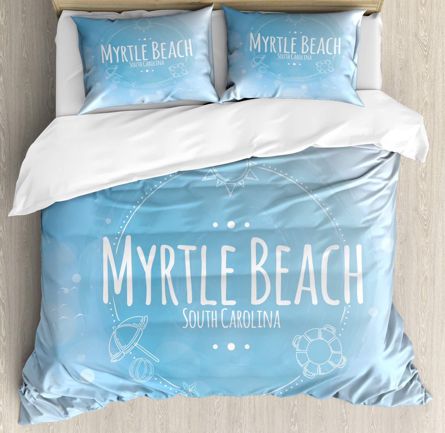 Lunarable Myrtle Beach Duvet Cover Set - South Carolina Coastal Lettering with Sun Umbrella & Starfish Sketch, 3-Piece Decorative Bedding Set with 2 Pillow Shams, California King Size, Pale Blue White Blue - Perfect for Beach House, Coastal Decor & Summer Bedroom Themes