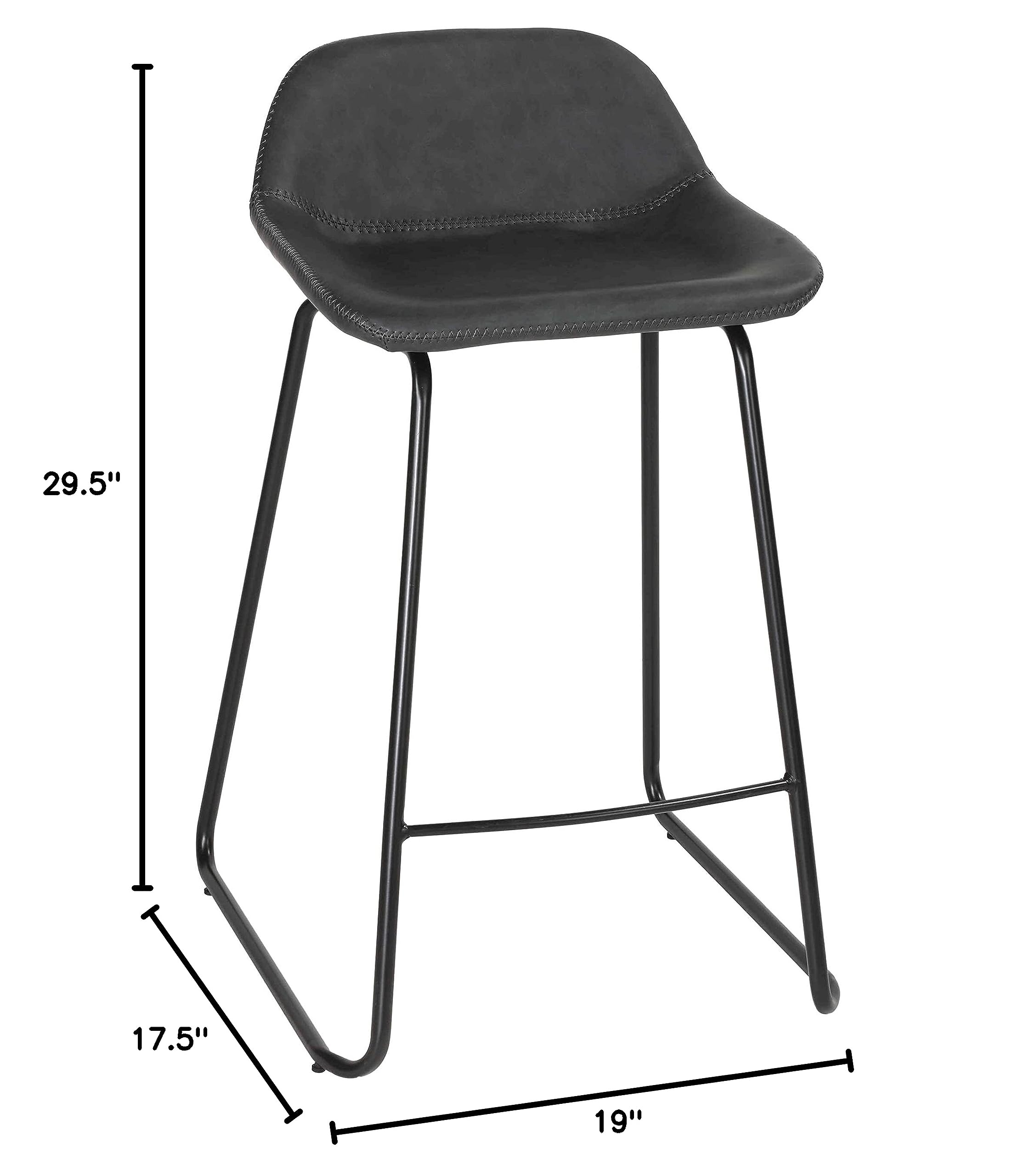 Cortesi Home Ava Bar Stools Set of 2 - Charcoal Black Faux Leather Counter Height Stools for Kitchen Island, Breakfast Bar & Dining Room - Modern PU Leather Barstools with Back Support