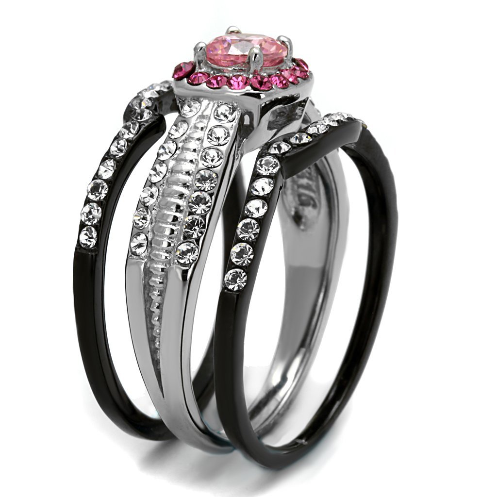 Women's Two-Tone Black Stainless Steel Rose CZ Ring Set for Wedding & Party