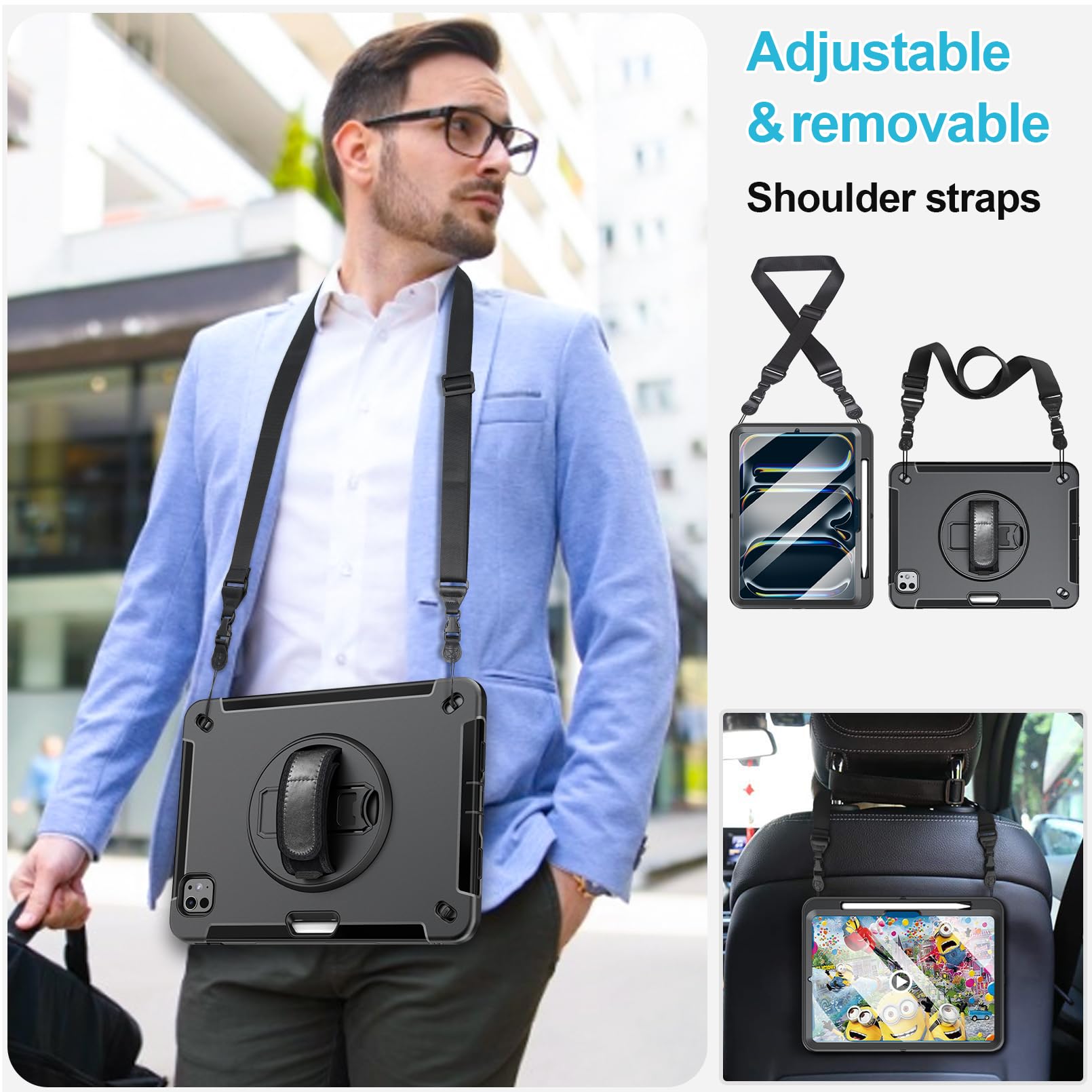 2024 iPad Pro 11 M4 Case - 5th Gen Protective Cover with Screen Protector, Stand, Handle, Shoulder Strap & Pencil Holder - Black - Perfect for Work, Travel & Creative Use