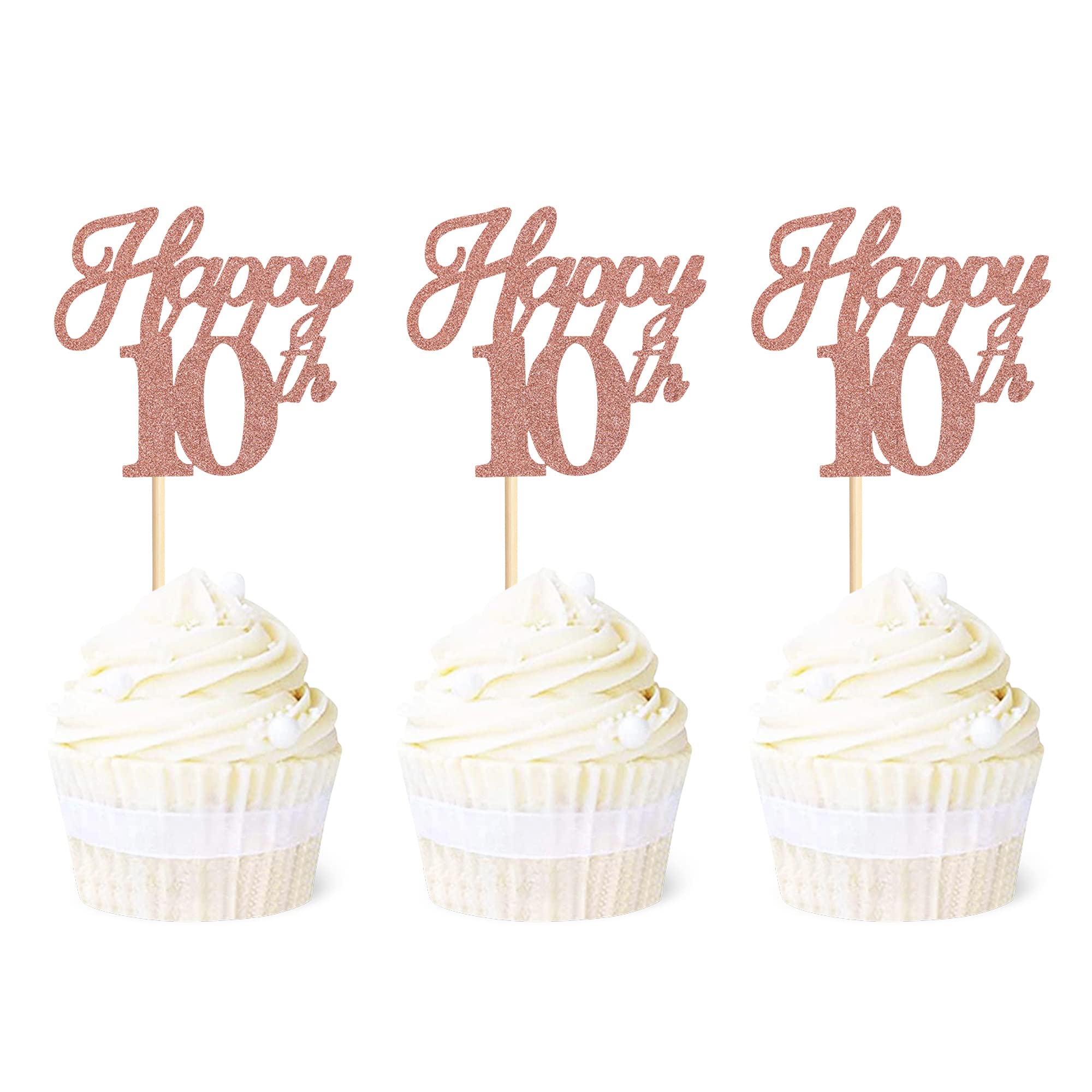 Ercadio 24 Pack Rose Gold Glitter 10th Birthday Cupcake Toppers - Hello 10 Cupcake Decorations for Anniversary, Wedding & Party Cake Supplies | Perfect for Kids Birthday, Milestone Celebrations & Special Events