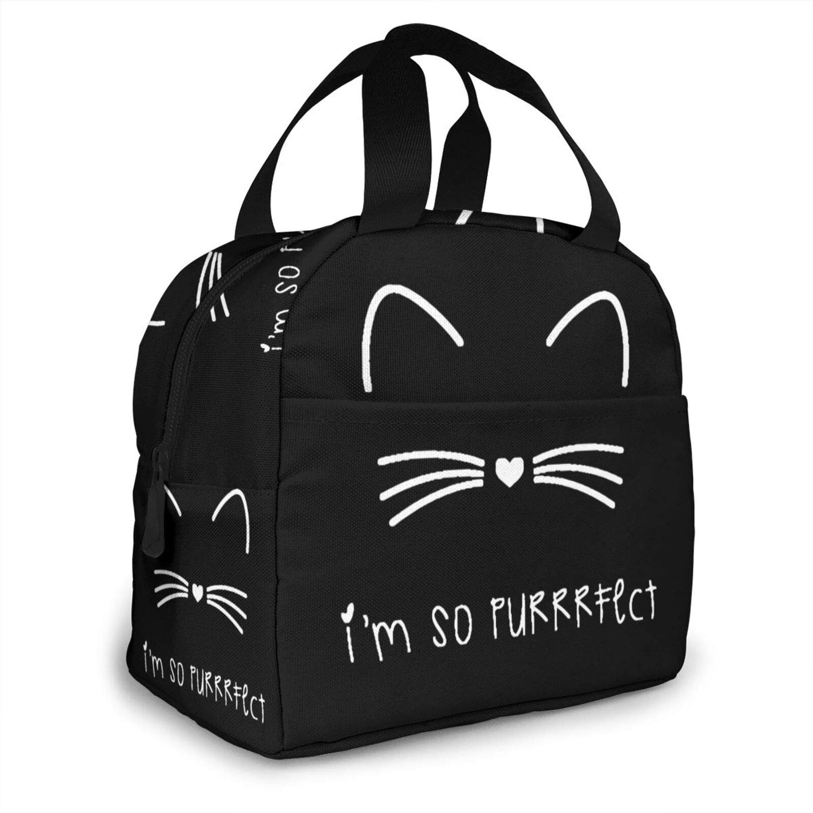 Insulated Black Cat Lunch Bag for Women - Reusable Cooler Tote with Front Pocket | Perfect for Work, Office, School, Picnic, Hiking & Beach Outings