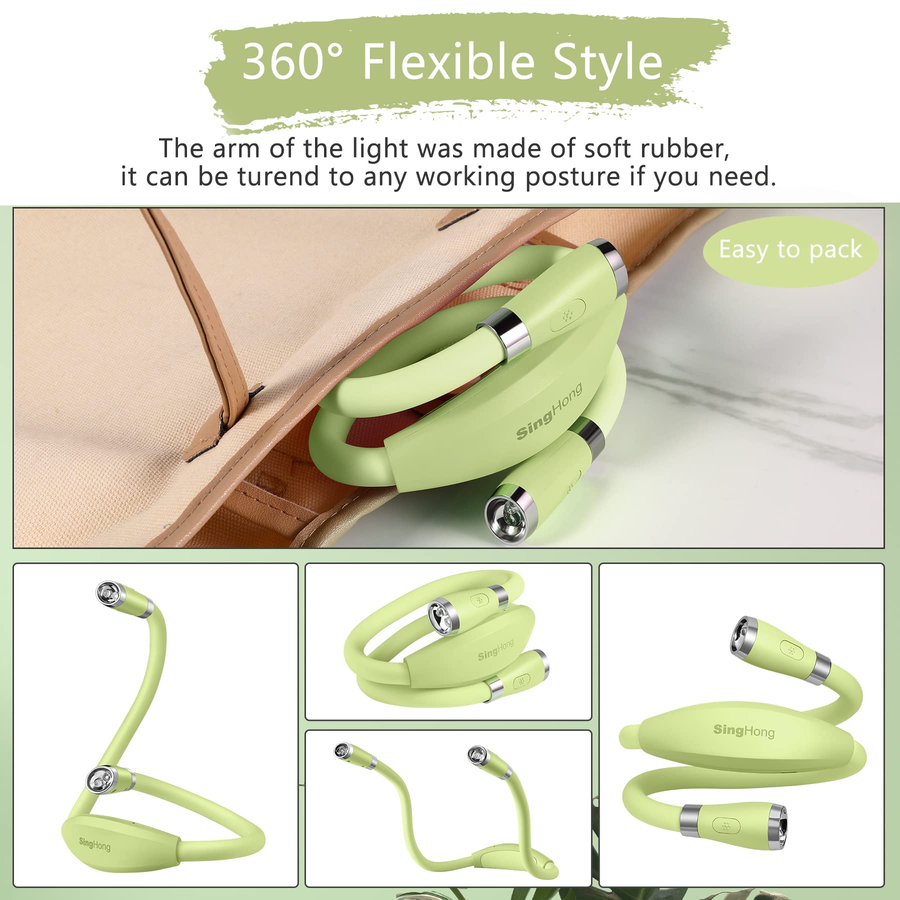 USB-C Rechargeable Neck Book Light - 4 LED Bulbs with 4 Adjustable Brightness Levels, Hands Free Reading Lamp for Bed, Car, Travel & Night Reading (Green) - Perfect Gift for Book Lovers & Students