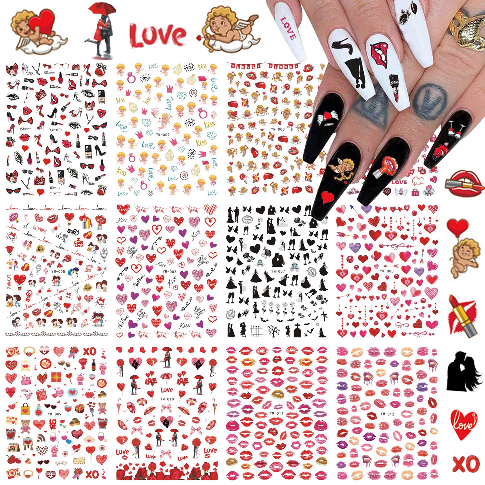 3D Heart Nail Stickers for Valentine's Day - Self-Adhesive Nail Art Decals with Love Kiss, Angel & Baby Designs for Women, Girls & Kids (12 Sheets) - Perfect for Valentine's Gifts, Date Nights & Nail Salon Decorations