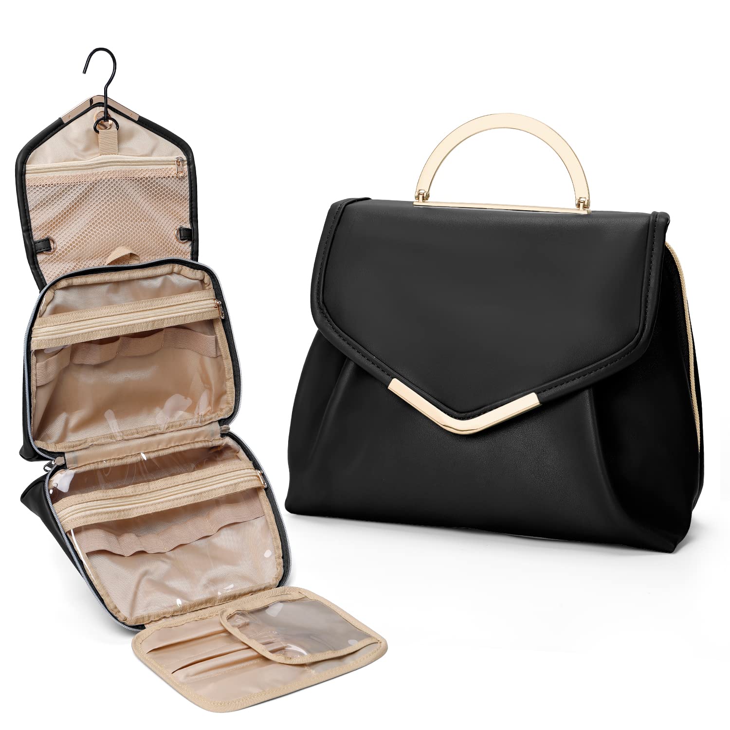 Windproof Travel Toiletry Bag for Women - Water-Resistant PU Leather Cosmetic Organizer with Metal Hanging Hook & Detachable Pouch - Perfect for Makeup, Toiletries & Accessories - Ideal for Travel, Gym & Daily Use