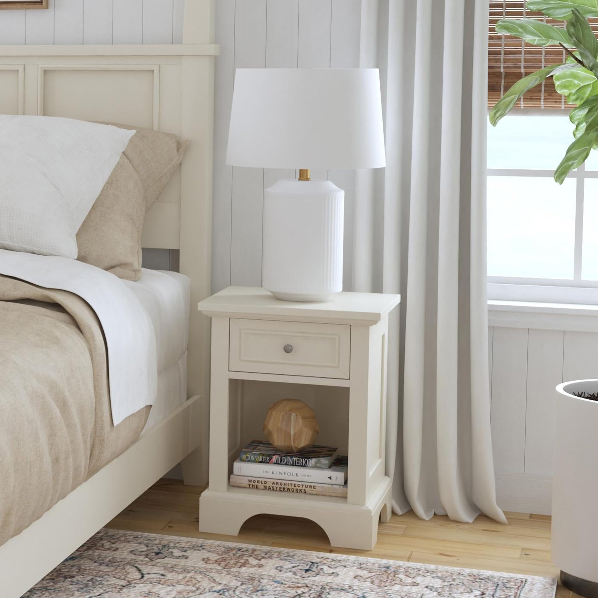 Homestyles Naples Off-White Nightstand with Drawer - Bedside Table for Bedroom, Living Room & Guest Room - Modern Storage Furniture with Smooth Gliding Drawer