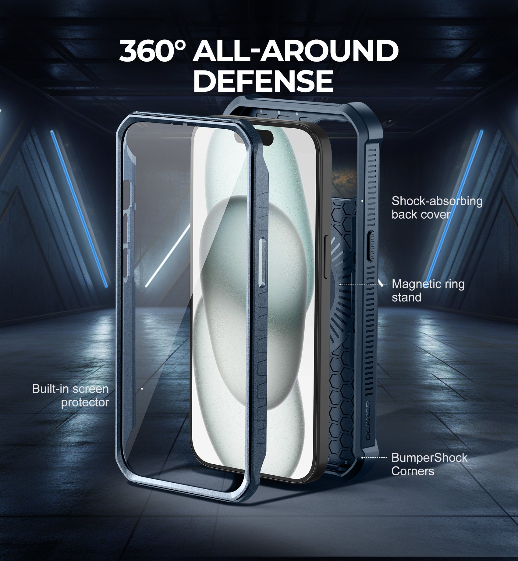 Dexnor iPhone 15 Case with MagSafe - Heavy Duty Shockproof Protective Cover, Built-in Screen Protector & Adjustable Kickstand - Perfect for Outdoor Activities, Travel and Daily Use