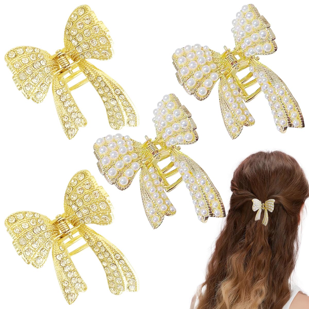 4 Pcs Bow Diamond Pearl Hair Clips for Women & Girls - Non-Slip Strong Hold Jaw Clips for Thin & Thick Hair - Elegant Hair Accessories for Weddings, Parties & Daily Wear