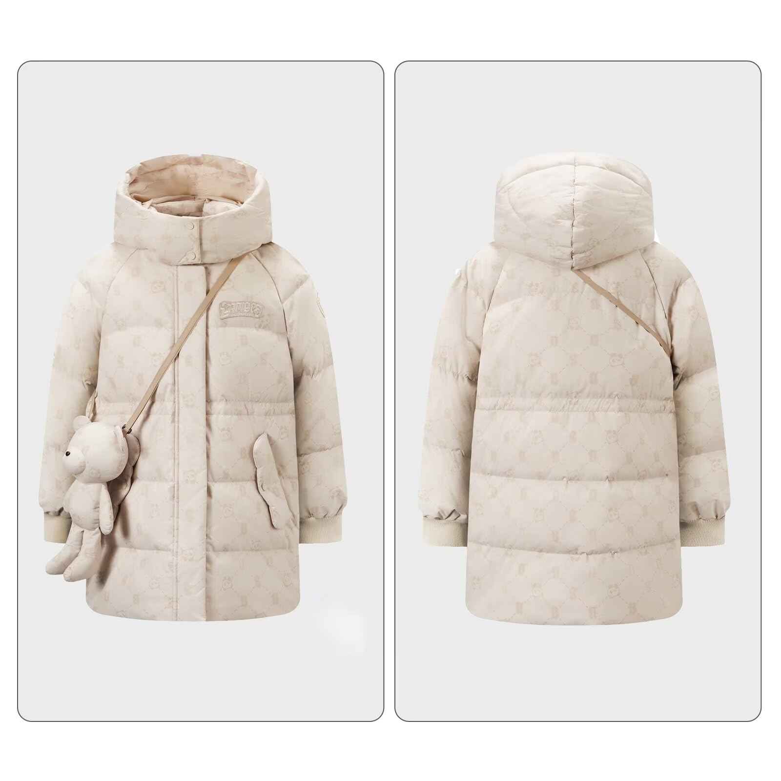 Kids Winter Down Jacket with Hood - Warm Mid-Length Puffer Coat for Boys & Girls | Includes Free Doll Satchel Gift | Perfect for Snow Play, School & Outdoor Activities