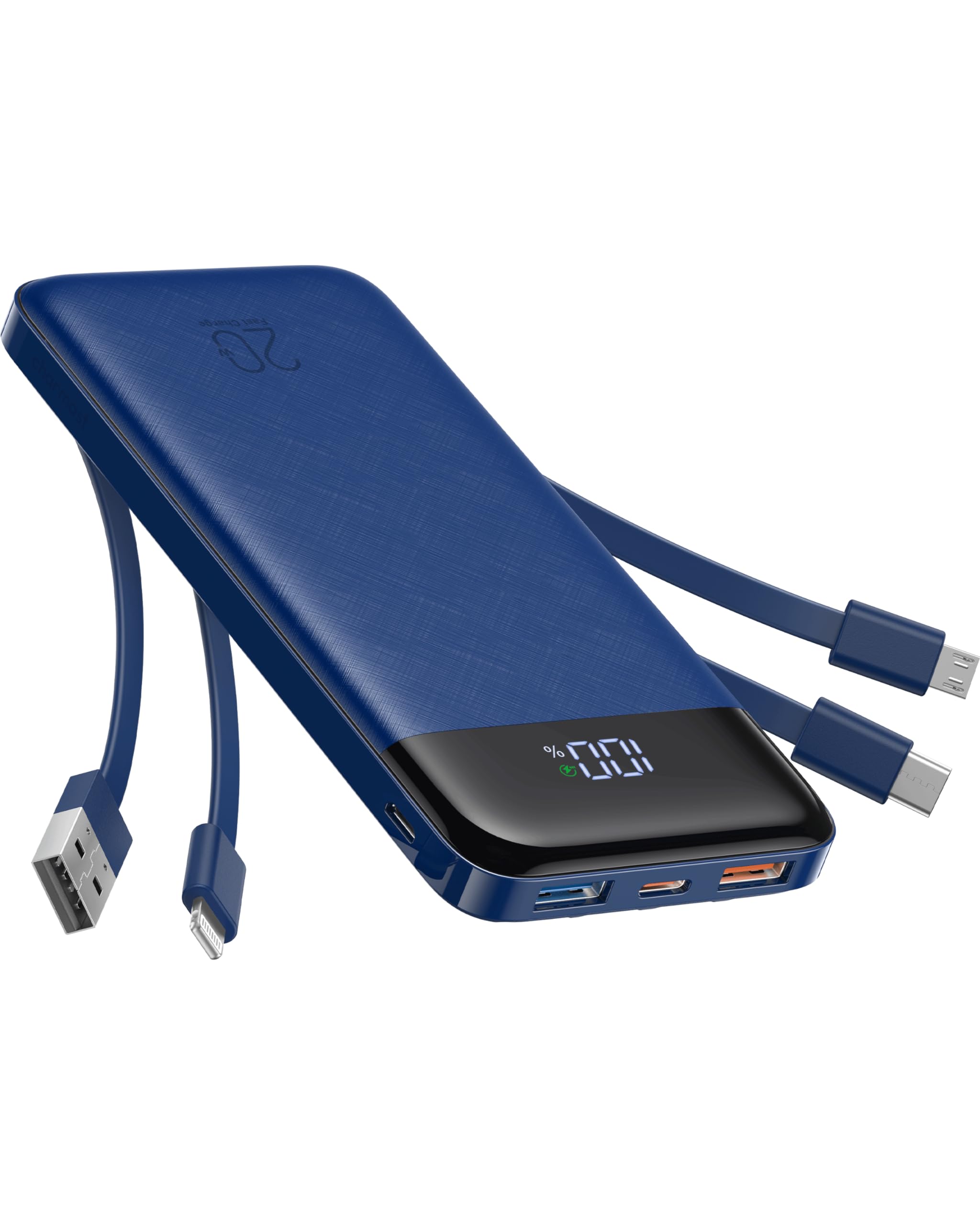 Charmast 20000mAh Power Bank with Built-in Cables | 20W PD/QC Fast Charging Portable Charger | Compatible with iPhone, iPad, Samsung Galaxy | Perfect for Travel, Camping & Emergency Power Backup