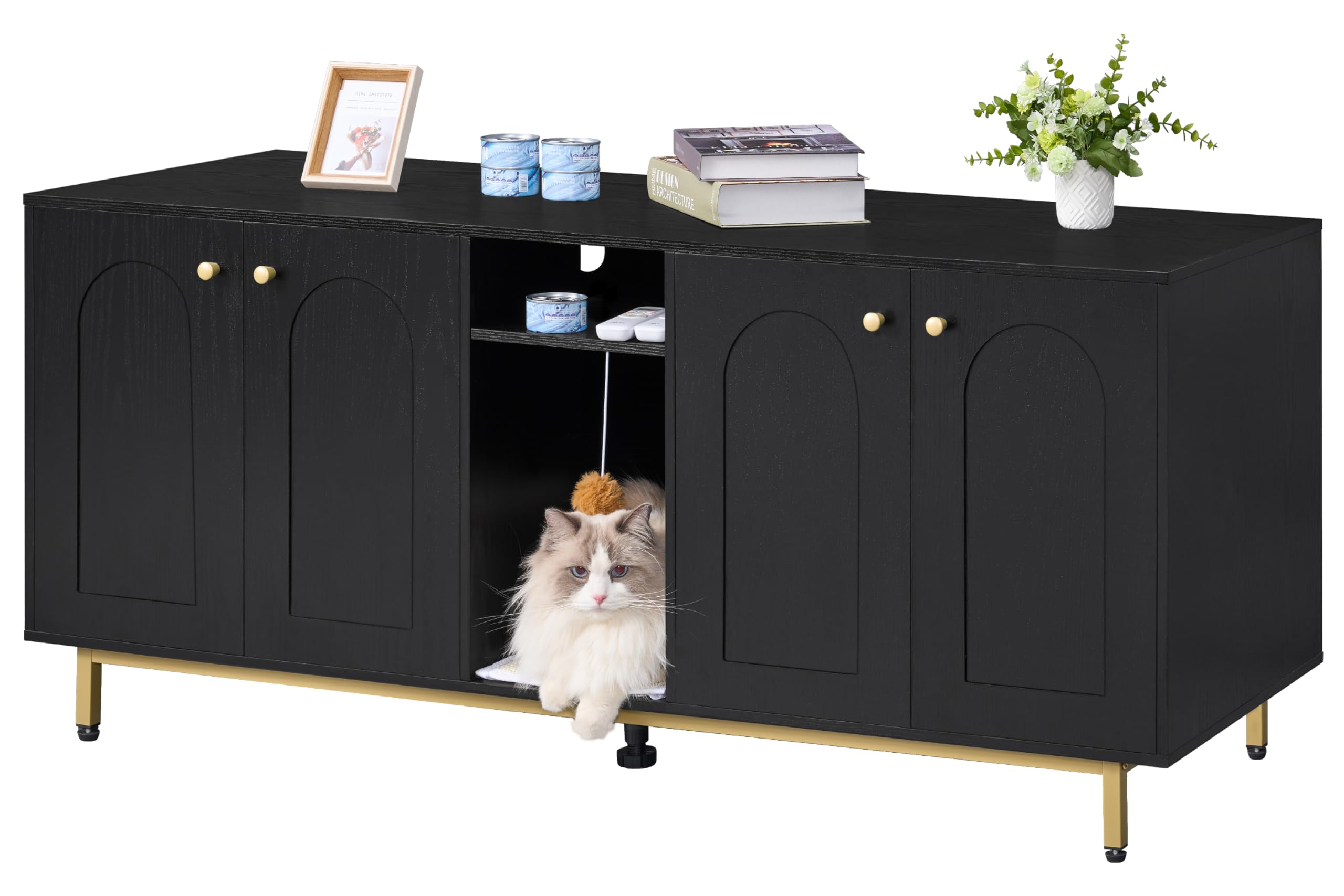 Hidden Cat Litter Box Furniture Enclosure - Wooden Pet House Side Table with Storage Cabinet, 55.2 x 19.7 x 23.9 Inches, Black & Gold CB81504A - Perfect Discreet Litter Box Solution for Living Room, Bedroom or Small Spaces