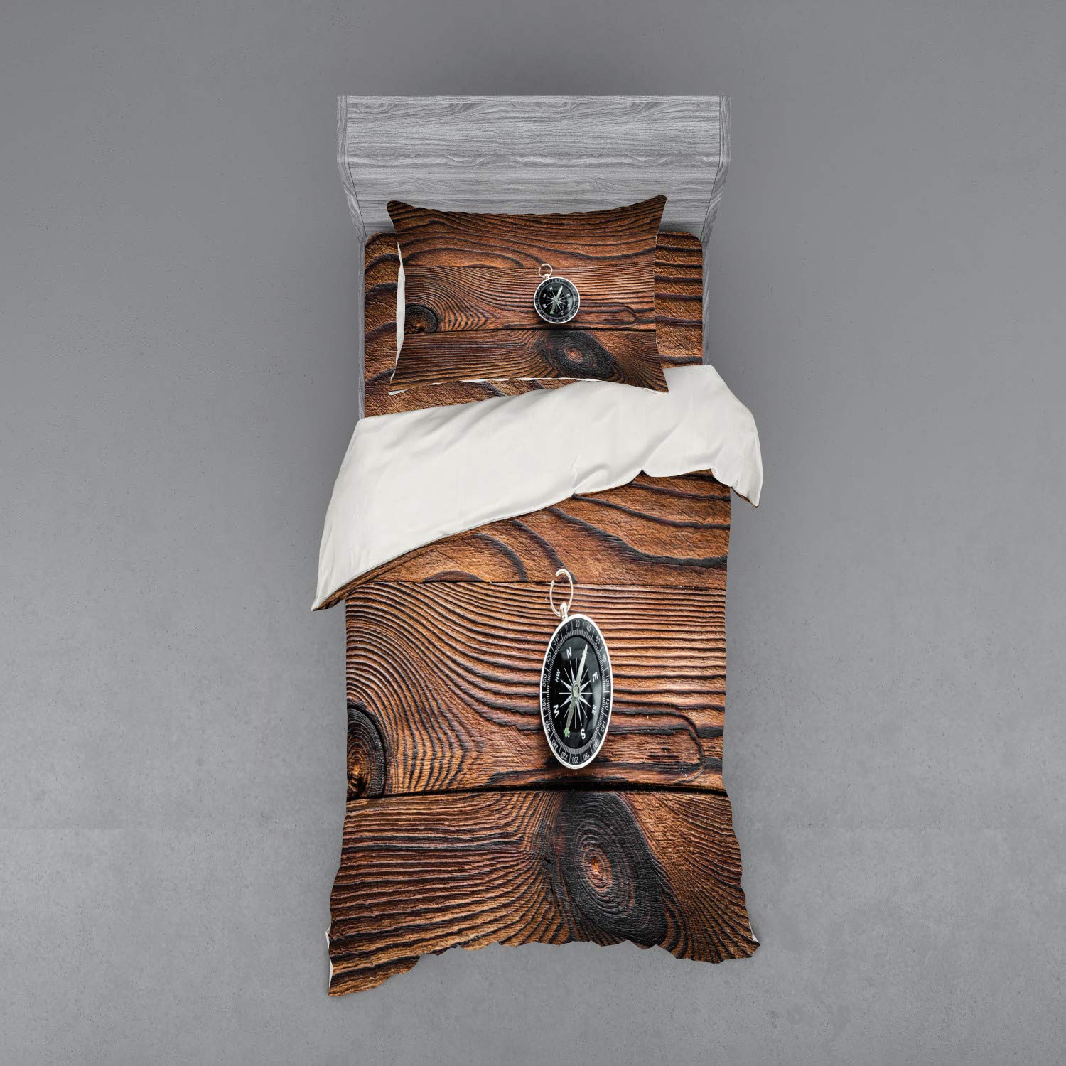 Ambesonne Compass Duvet Cover Set - 3 Piece Bedding with Sham & Fitted Sheet, Twin XL Size, Charcoal Grey & Pale Caramel - Nautical Theme Bedroom Decor for Teens & Adults, Perfect for Coastal, Travel-Inspired or Adventure Themed Rooms