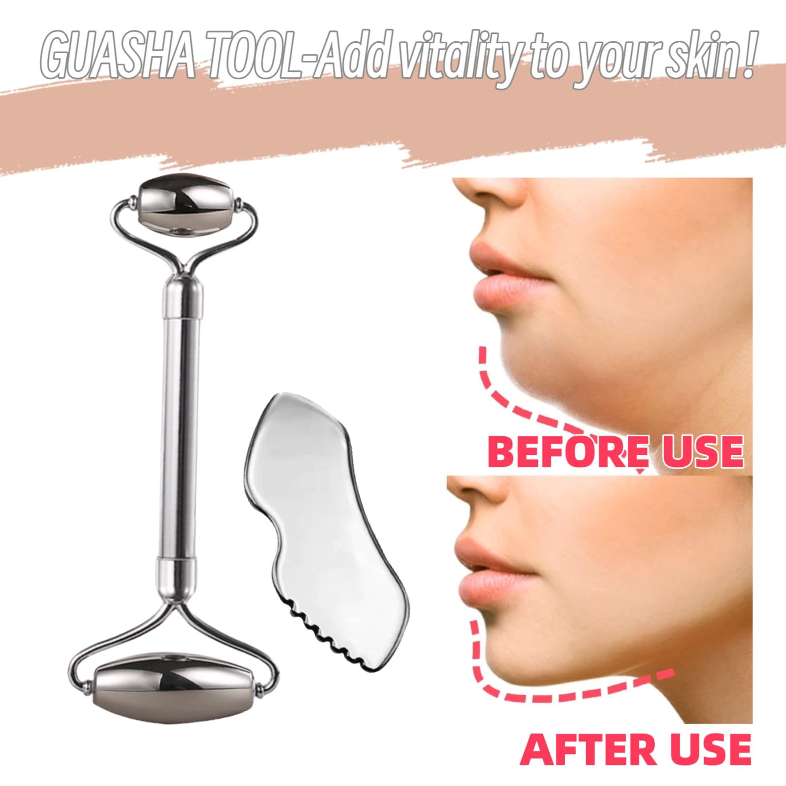 Stainless Steel Face Roller & Gua Sha Tool Set - Anti-Aging Facial Massager for Wrinkles, Puffiness & Skin Tightening - Eye & Neck Care for Glowing Skin - Perfect for Morning Routine & Spa Night Self-Care
