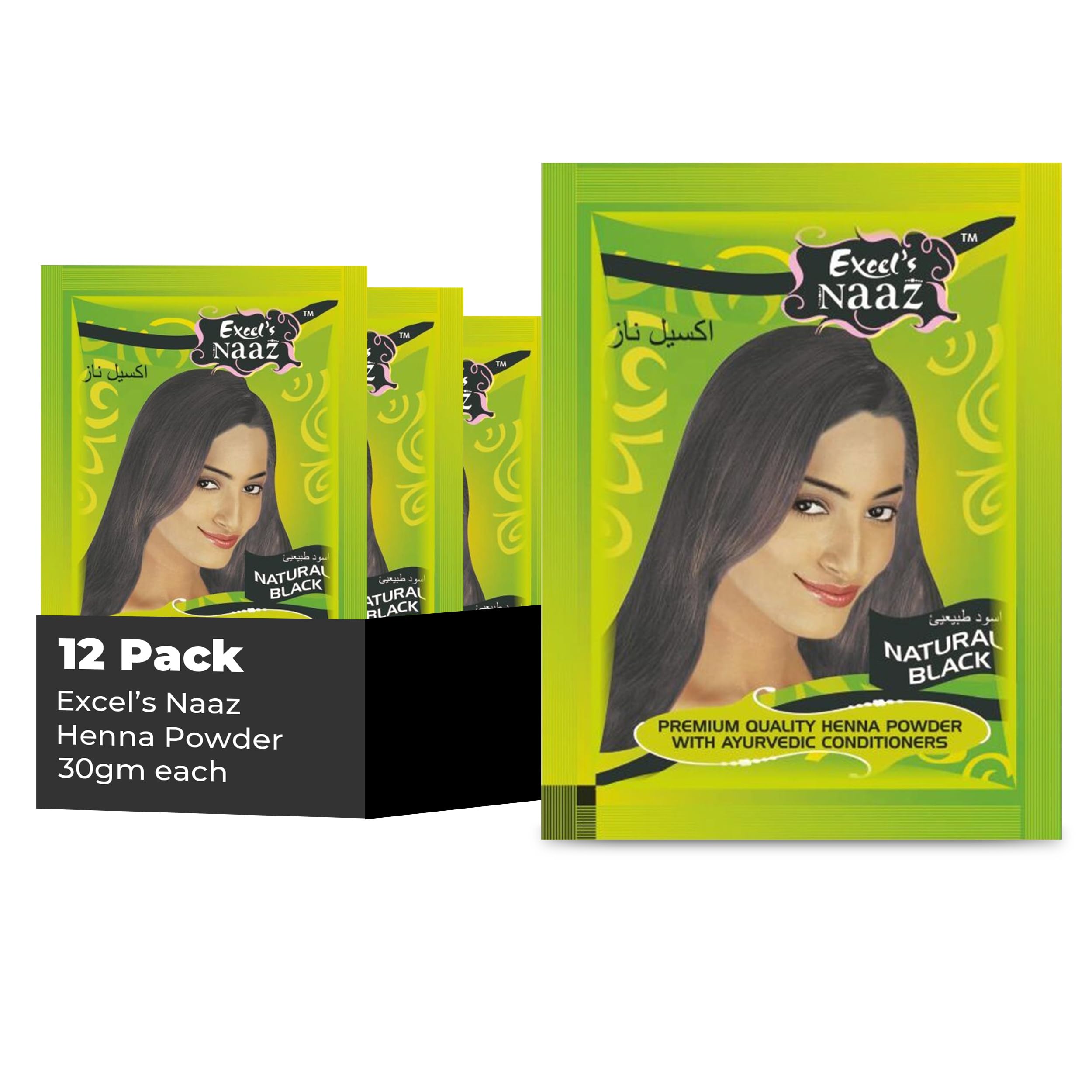 Excel's Natural Black Henna Hair Color Powder - Organic & Herbal Mehandi for Women & Men, Ammonia-Free (12 Packs, 30g Each) | Safe Hair Dye for Gray Coverage, Conditioning Treatment & Temporary Tattoos