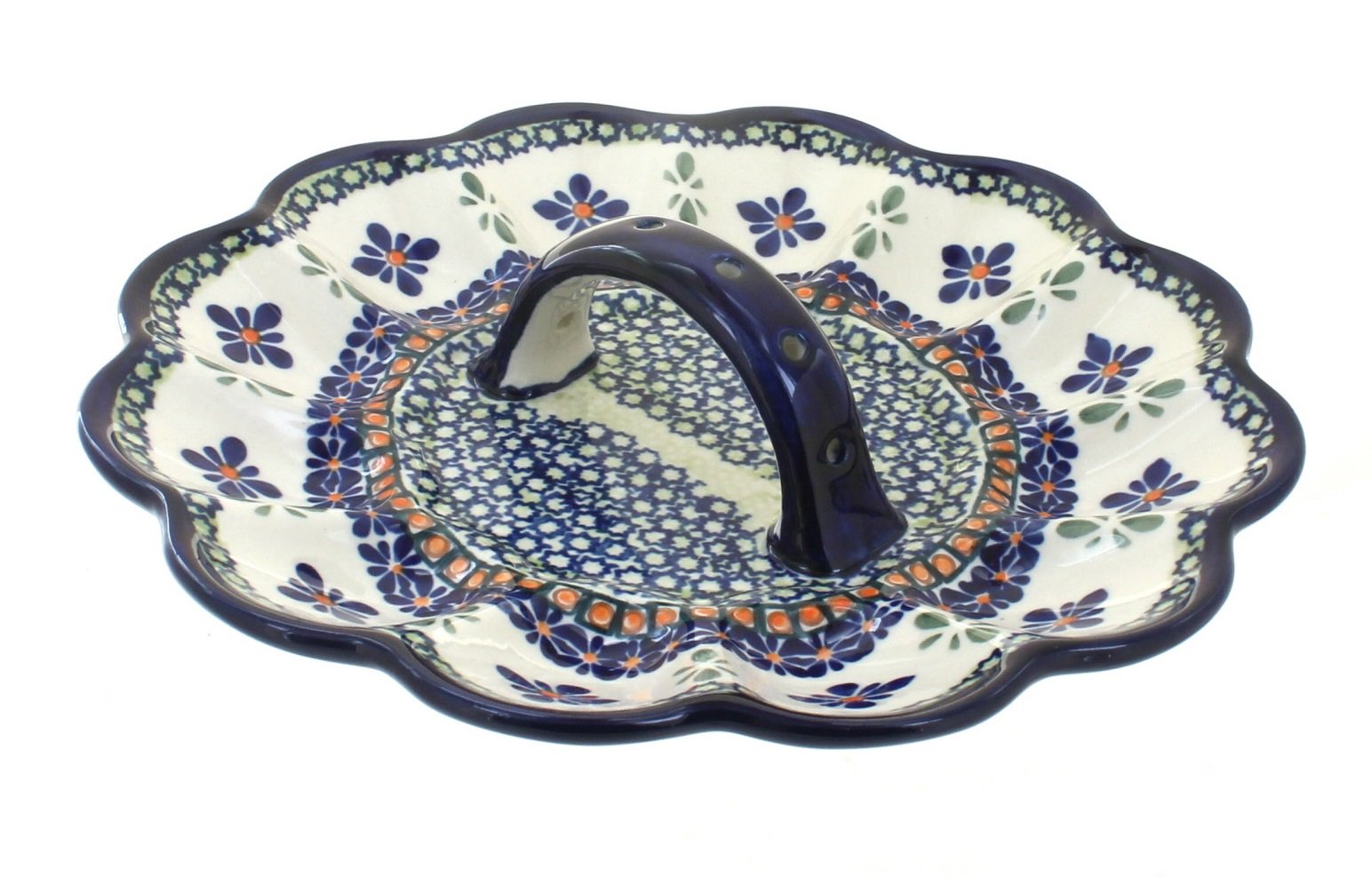 Handmade Blue Rose Polish Pottery Mosaic Flower Egg Plate - Decorative Ceramic Serving Dish for Easter, Home Decor, Wedding Centerpiece, Gift Idea