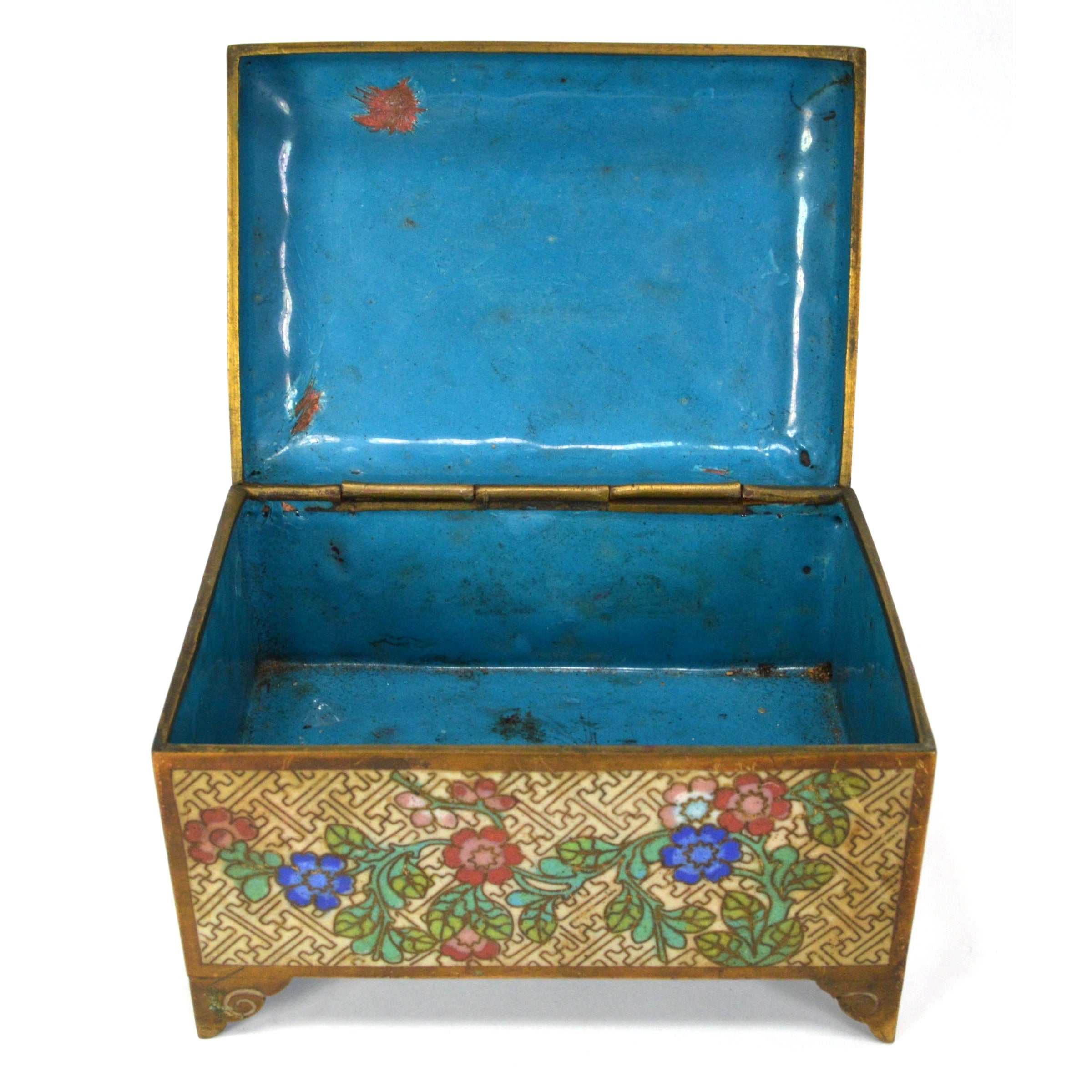 Antique Cloisonne Hinged Jewelry Box with Floral Design - 3x5x3 Inches - Brass/Bronze Footed Trinket Box for Home Decor, Gift, or Storage | Perfect for Jewelry, Keepsakes, and Collectibles