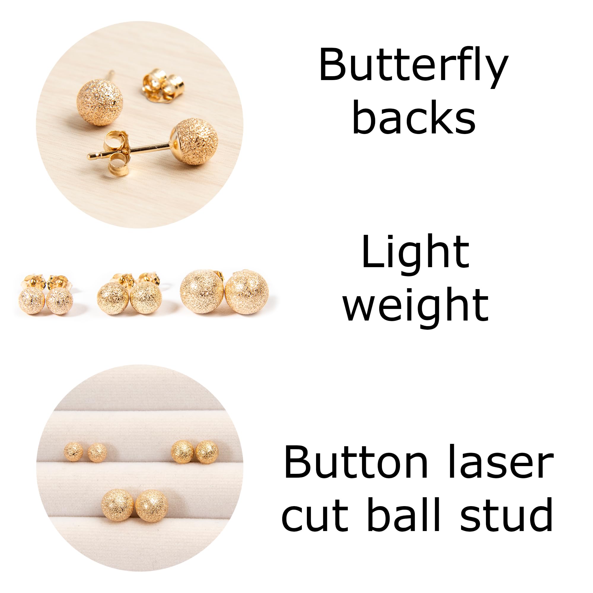 14k Gold Stud Earrings for Women - Butterfly Back Design Ball Earrings (3/4/5/6/7/8mm) | Perfect Anniversary, Valentine's Day & Birthday Gift for Her | Elegant Jewelry for Date Nights, Weddings & Special Occasions