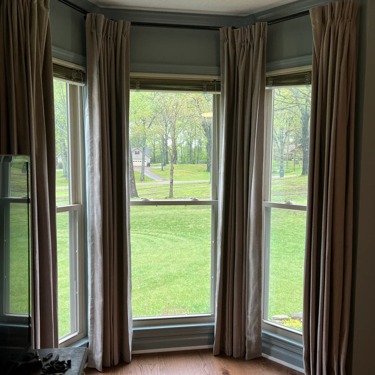Pinch Pleated Blackout Curtains - Linen Memory Fabric, Natural Oak & Dim Grey - Modern Custom Drapes for Living Room & Bedroom - Light Blocking & Noise Reducing Window Treatments