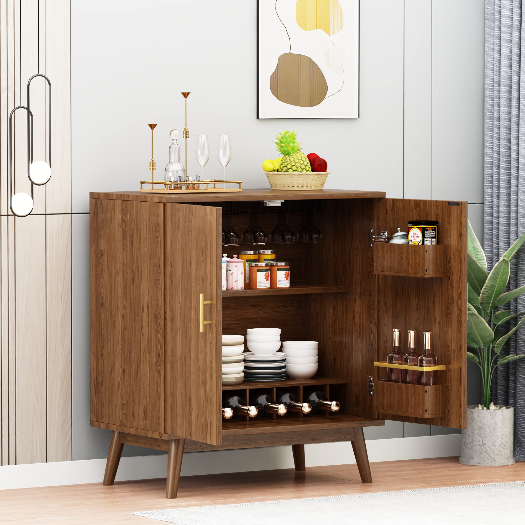 AWQM Freestanding Wine Bar Cabinet with Wine Rack & Glass Holder - Dark Brown Buffet Sideboard with Double Doors for Dining Room, Kitchen, or Home Bar Storage