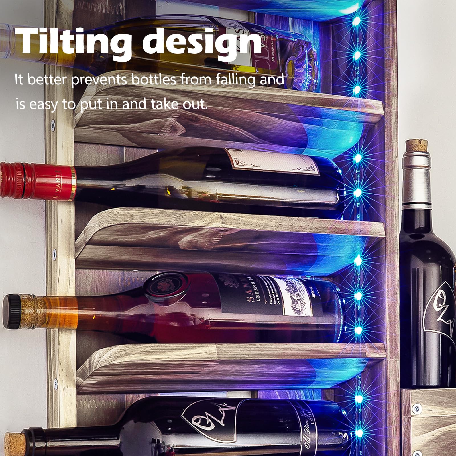 Wall Mounted Wooden Wine Rack with LED Lights - Rustic Alcohol Shelf with Bottle & Stemware Holder - Home Bar Storage with Cork Compartment - Perfect for Kitchen Decor & Wine Display in Dining Rooms