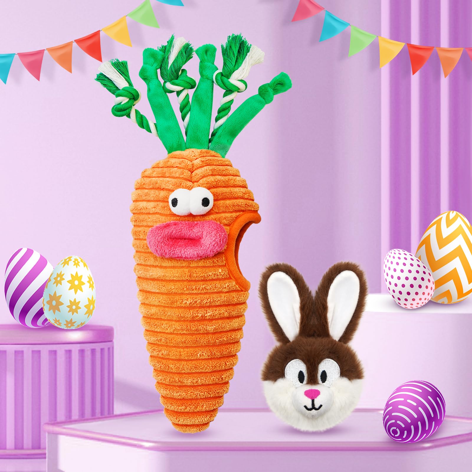 Easter Dog Toys for Small & Medium Dogs - Hide & Seek Squeaky Puzzle Toys with Rope, Cute Bunny & Carrot Design - Interactive Chew Toys for Teething Puppies - Perfect Easter Gift for Dogs & Fun Indoor Playtime