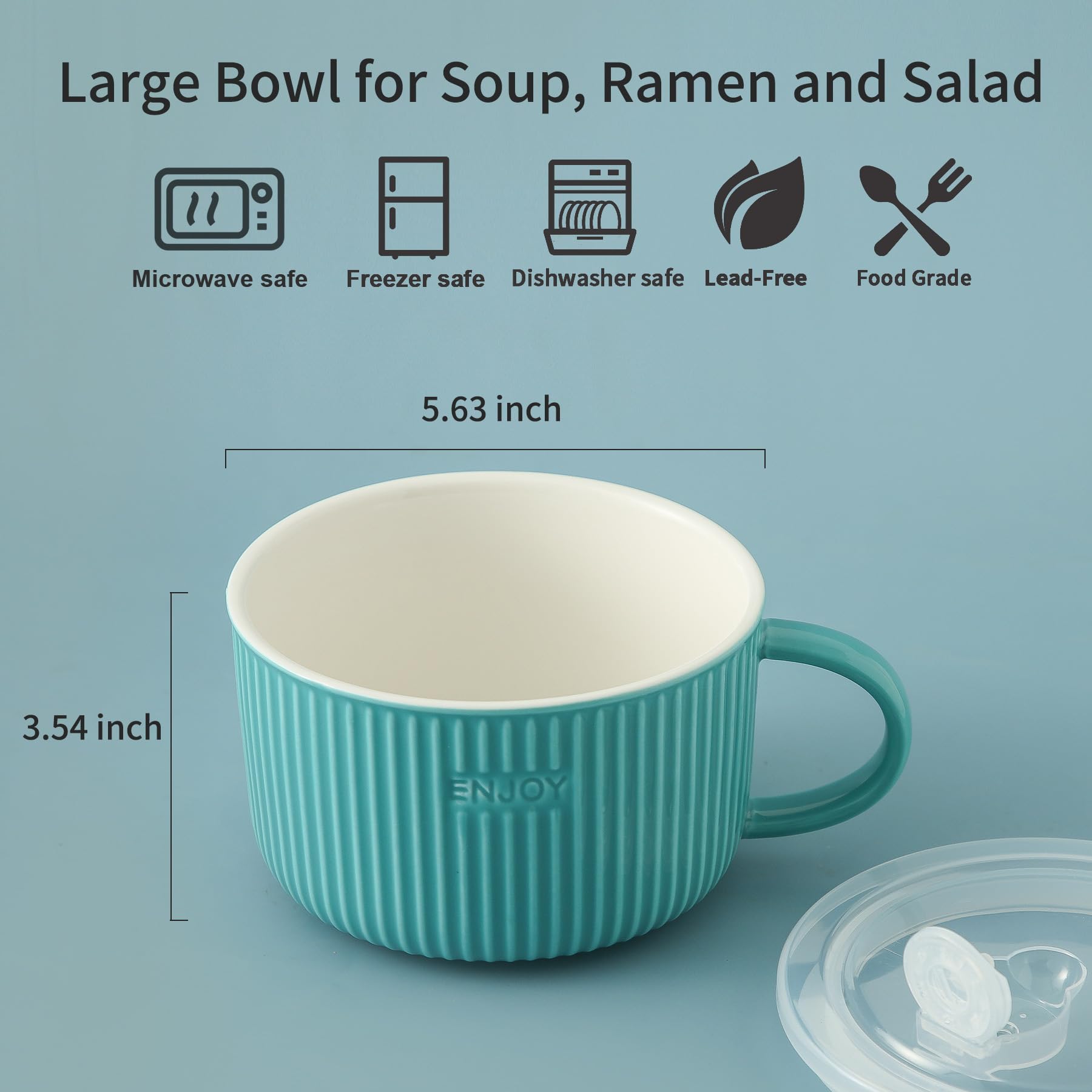 Ceramic Soup Bowl with Lid - Large Microwave Safe Soup Mug with Handle & Airtight Cover - Perfect for Cereal, Salad, Ramen, Instant Noodles - Ideal for Home, Office & Dorm Use (Turquoise)