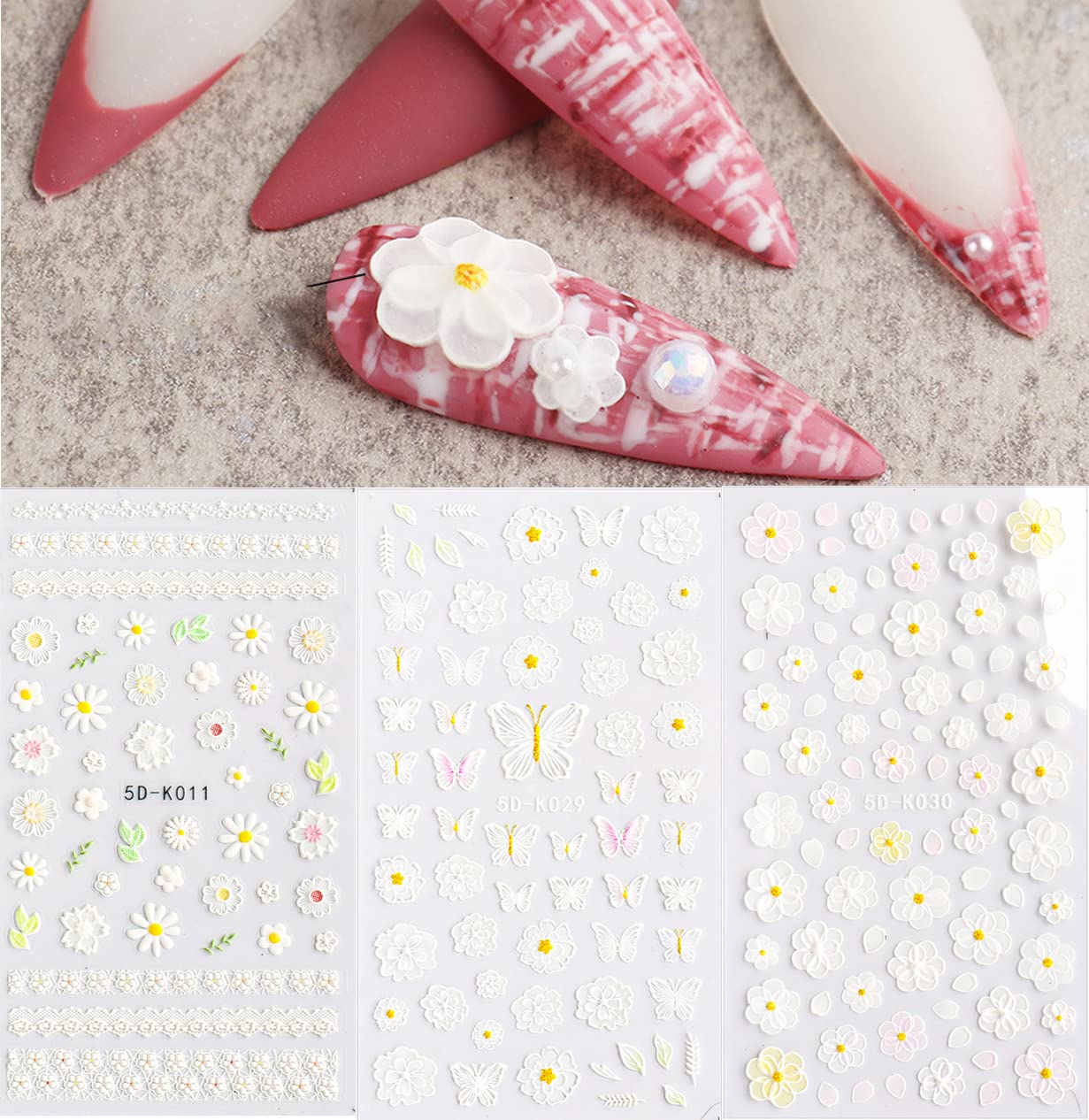 5D Stereoscopic Embossed Flower & Butterfly Nail Art Stickers - Self-Adhesive Nail Decals for Women, Girls & Kids - DIY Acrylic Nail Decorations - Perfect for Parties, Weddings, Salons & Home Manicures