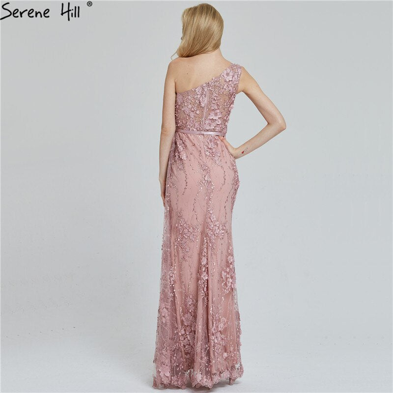 Elegant Wine Red Handmade Pearl Embellished One Shoulder Evening Dress - Sexy Luxury Gown for Prom, Wedding & Formal Events 2025 | Serene Hill LA60901
