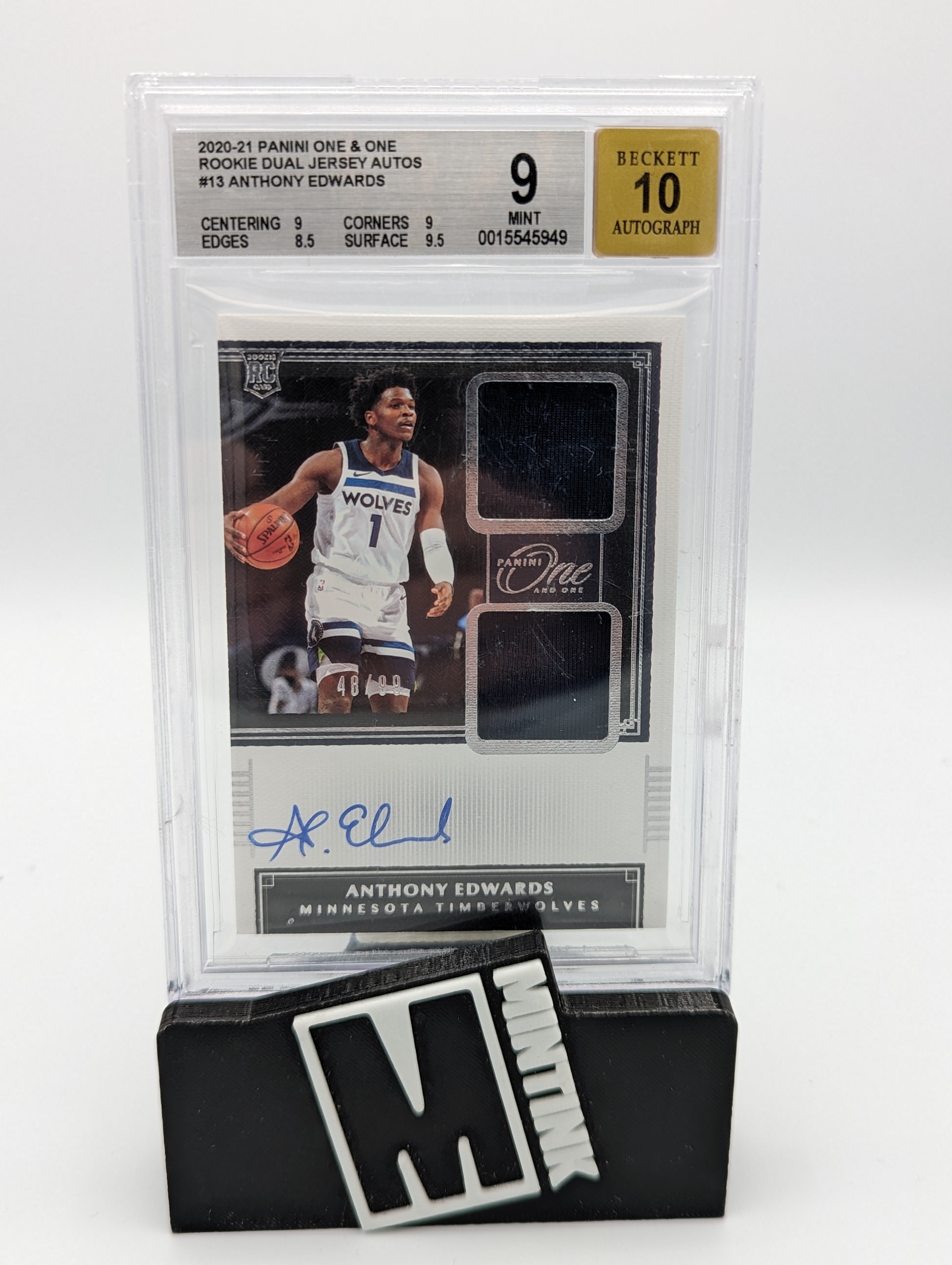 2020-21 Panini One and One Anthony Edwards Rookie Dual Jersey Autograph Card #RDJ AED /99 BGS 9 - Perfect for NBA Collectors and Basketball Memorabilia Enthusiasts