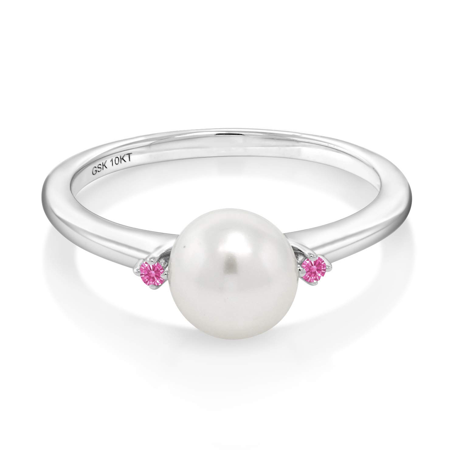 10K White Gold 7mm Cultured Freshwater Pearl & Pink Zirconia Engagement Ring for Women - Size 5-9 | Elegant Bridal Jewelry, Wedding Band, Anniversary Gift