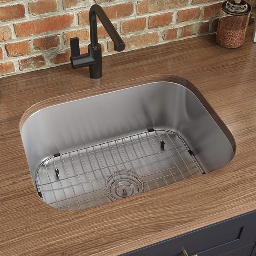 Strictly Sinks 23-Inch Undermount Single Bowl Kitchen Sink - 18 Gauge Stainless Steel with Round Drain, Strainer, Dish Drying Rack & Bottom Grid - Perfect for Modern Kitchens, Restaurant Prep & Dishwashing