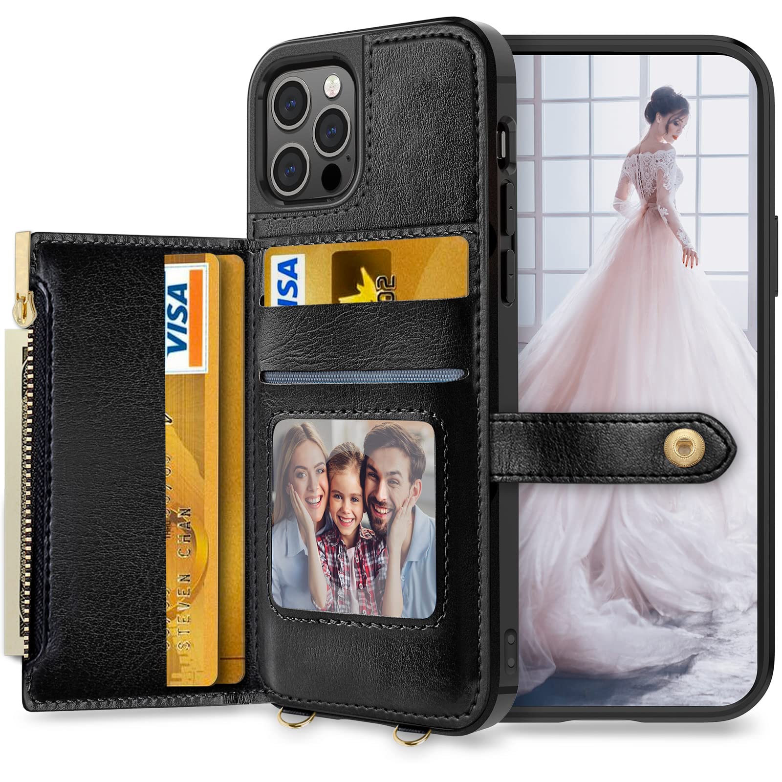 LOHASIC Leather Wallet Case for iPhone 12 Pro - Slim Protective Phone Cover with Card Holder, Zipper Purse & Crossbody Strap - Women's Fashion Accessory for Everyday Use, Travel & Shopping (6.1 Inch, Black)