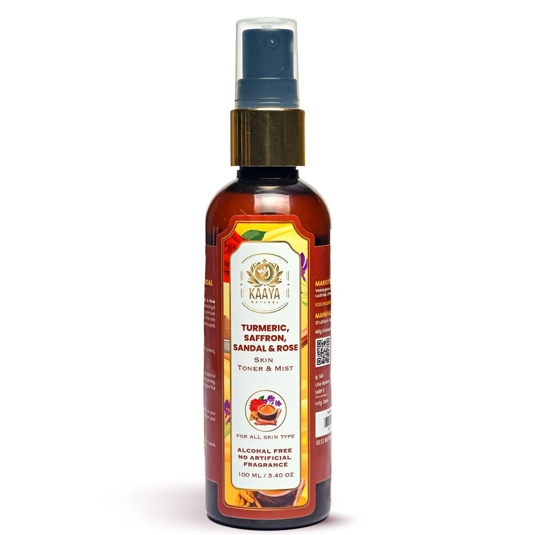 Kaaya Natural Turmeric, Saffron, Sandalwood & Rose Facial Toner Mist - Brightening Face Toner for Glowing Skin, Reduces Scars & Breakouts - 100ml | Hydrating & Refreshing Skin Care for Daily Use, Travel & Post-Workout