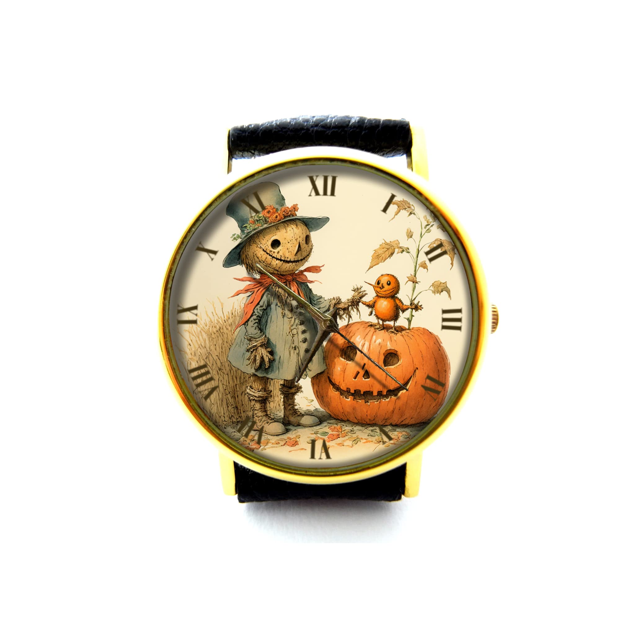 Scarecrow Pumpkin Leather Watch for Women & Men - Halloween Themed Unisex Wristwatch with Pumpkin Jewelry P492 - Perfect for Halloween Parties, Cosplay & Autumn Fashion Accessories