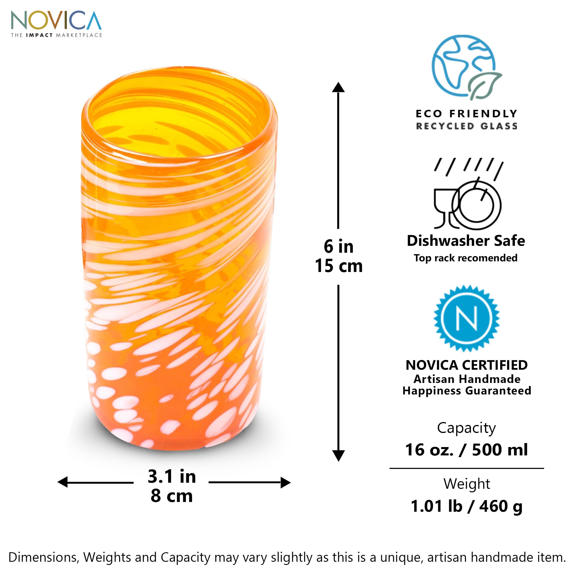NOVICA Handblown Recycled Glass Tumblers Set of 6 - Striped Juice Glasses, Elegant Emerald Orange Drinkware, 6