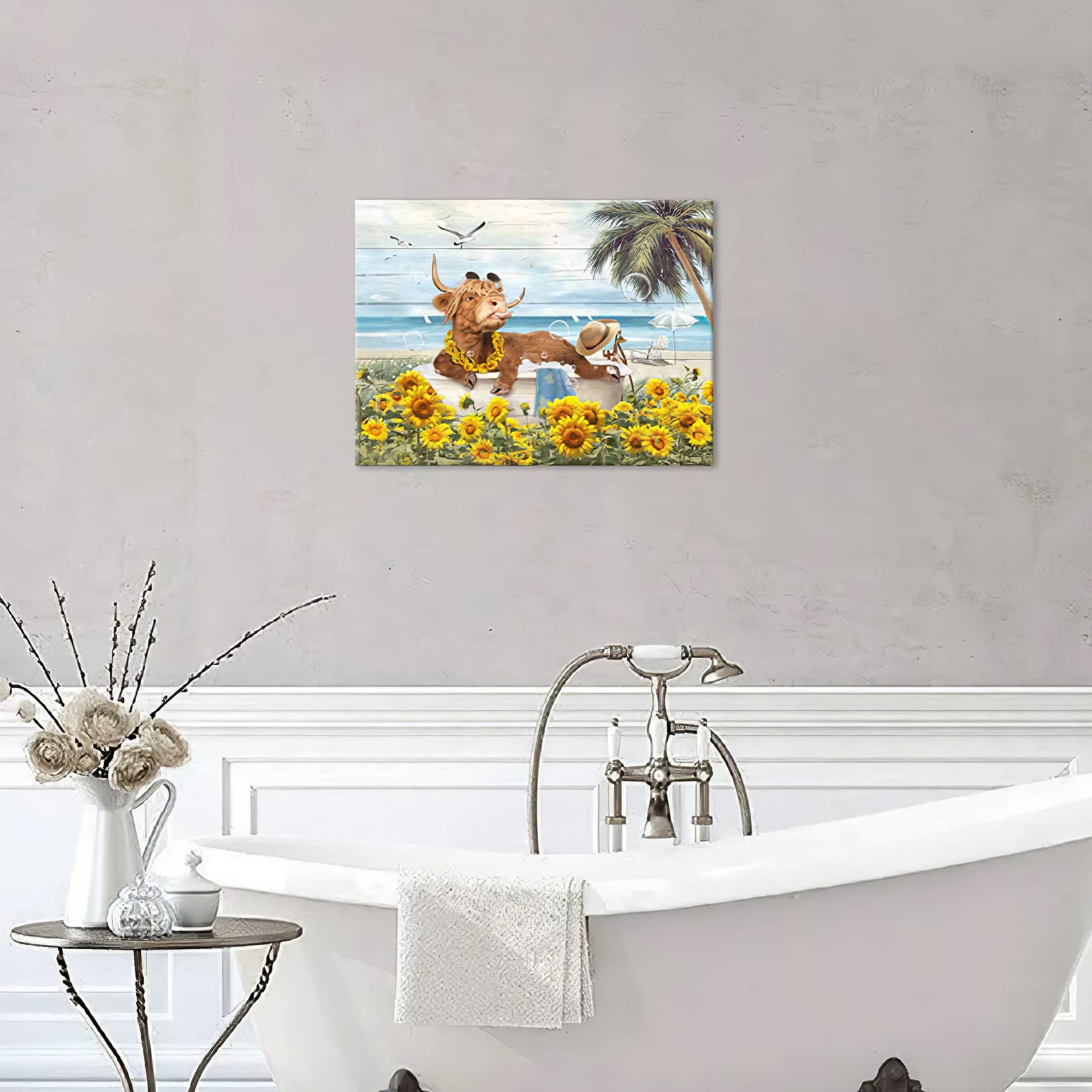 Highland Cow Wall Art - Farmhouse Bathroom Decor - 12x16 Inch Canvas Painting for Bathroom & Living Room