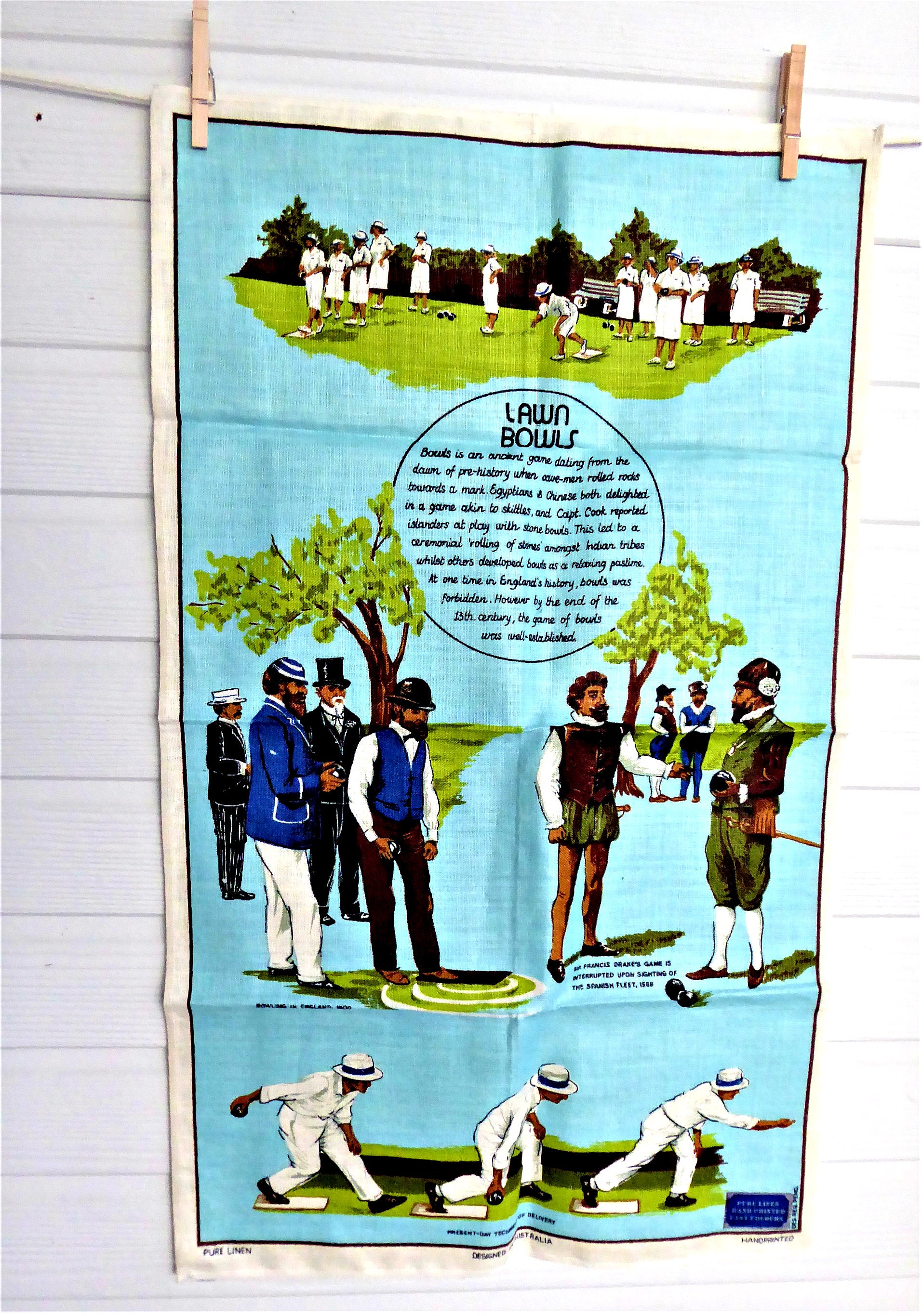 Vintage 1960s Sir Walter Raleigh Lawn Bowls Tea Towel - Linen History of Lawn Bowling - Perfect for Kitchen Decor, Gift for Bowlers & Vintage Collectors