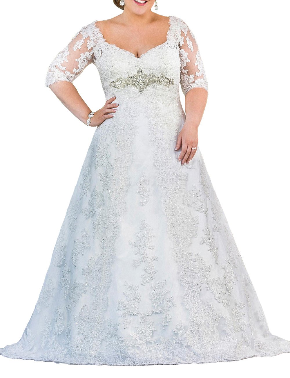 Mulanbridal Plus Size V-Neck Lace Wedding Dress for Women - Elegant Applique Bridal Gown for Bride, Perfect for Beach, Church & Formal Weddings