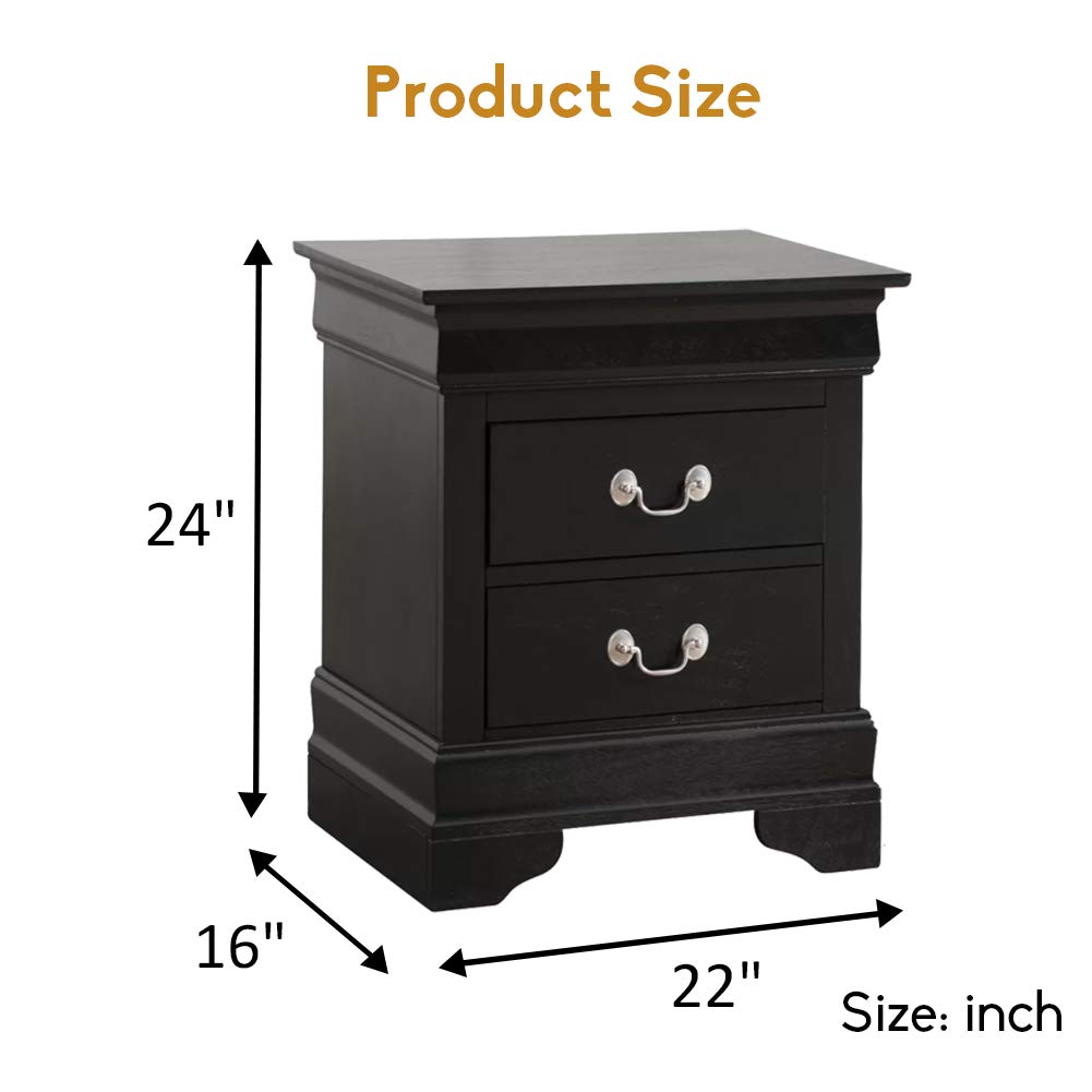 Modern 2-Drawer Nightstand with Handle - Solid Wood Bedside Table for Bedroom, Living Room & Dorm - No Assembly Needed (Black) | Stylish Home Decor & Functional Storage Solution