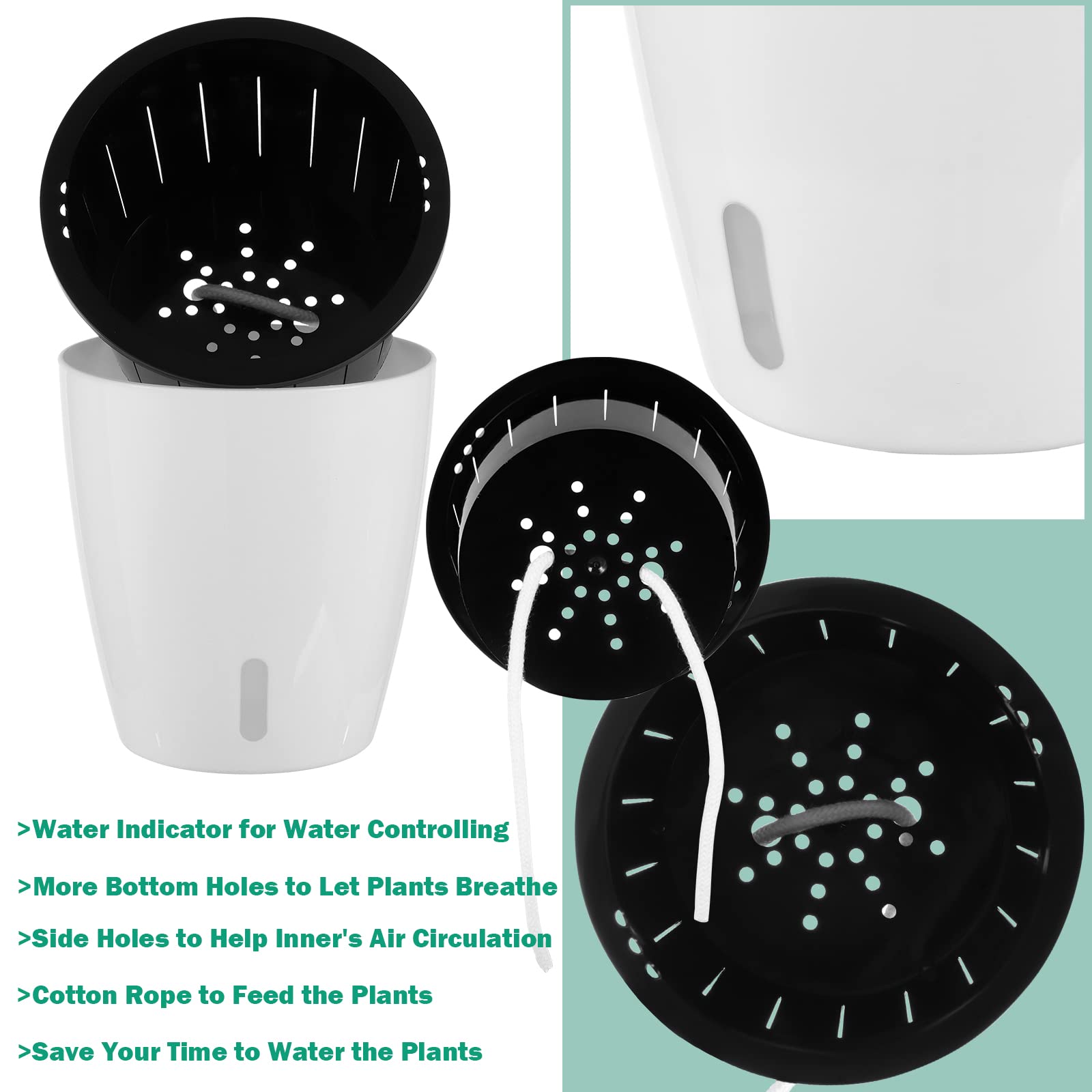 Planterhoma 5 Inch Self Watering Plant Pots - 6 Pack African Violet Pots with Water Level Indicator, Drainage Holes & Wick System - Ideal for Orchids, Devil's Ivy, Succulents & Indoor Plants - Perfect for Home, Office & Garden Decor