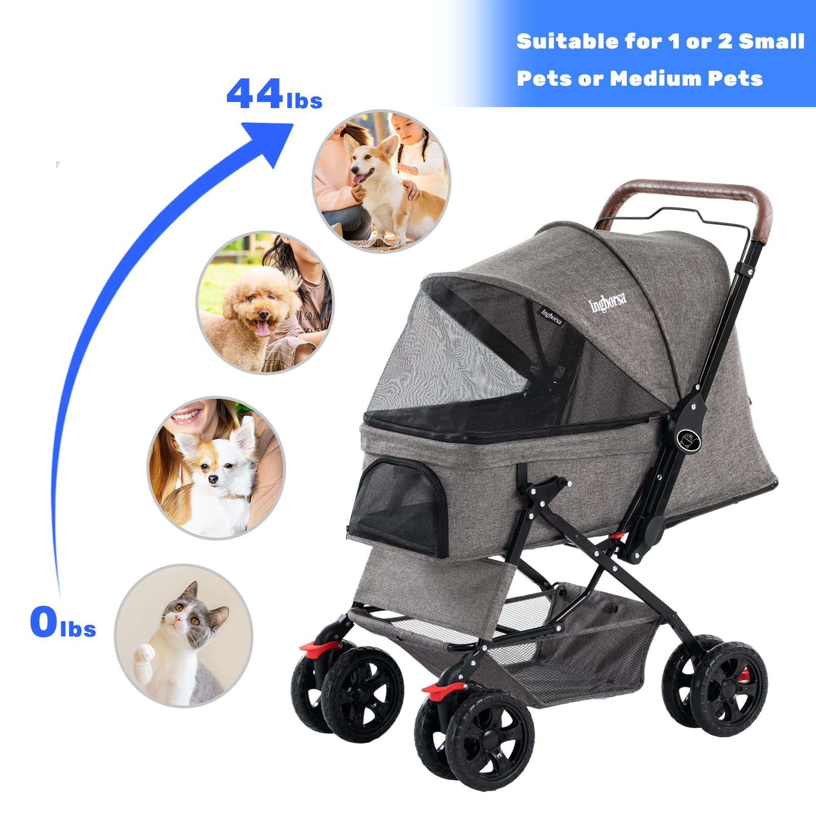 Pet Stroller for Small & Medium Dogs & Cats - 4-Wheel Carrier with Weather Cover & Storage Basket (Gray) - Perfect for Walks, Vet Visits & Outdoor Adventures