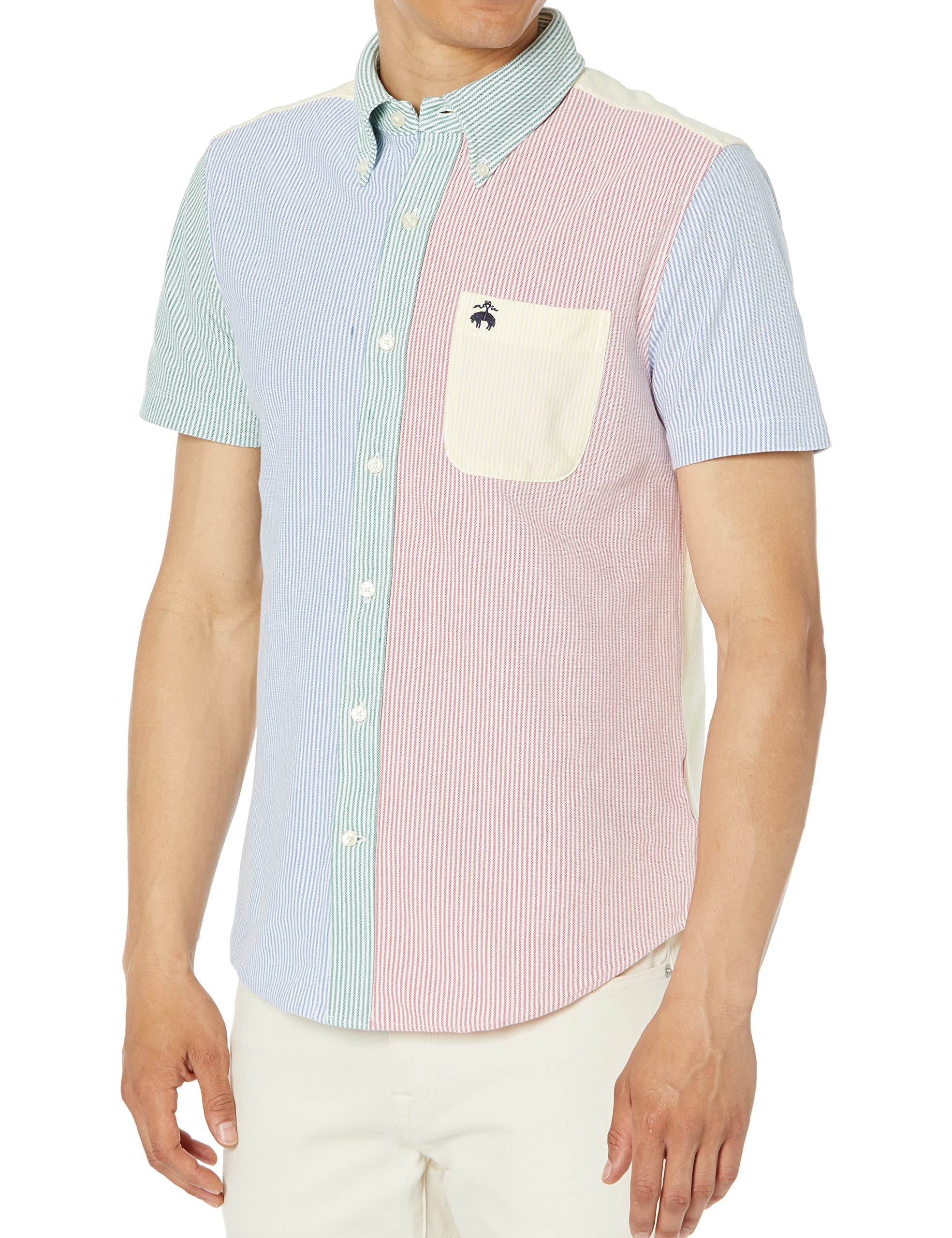 Brooks Brothers Men's Short Sleeve Knit Button-Down Shirt | Striped Casual Sport Shirt for Golf, Summer & Business Casual Wear