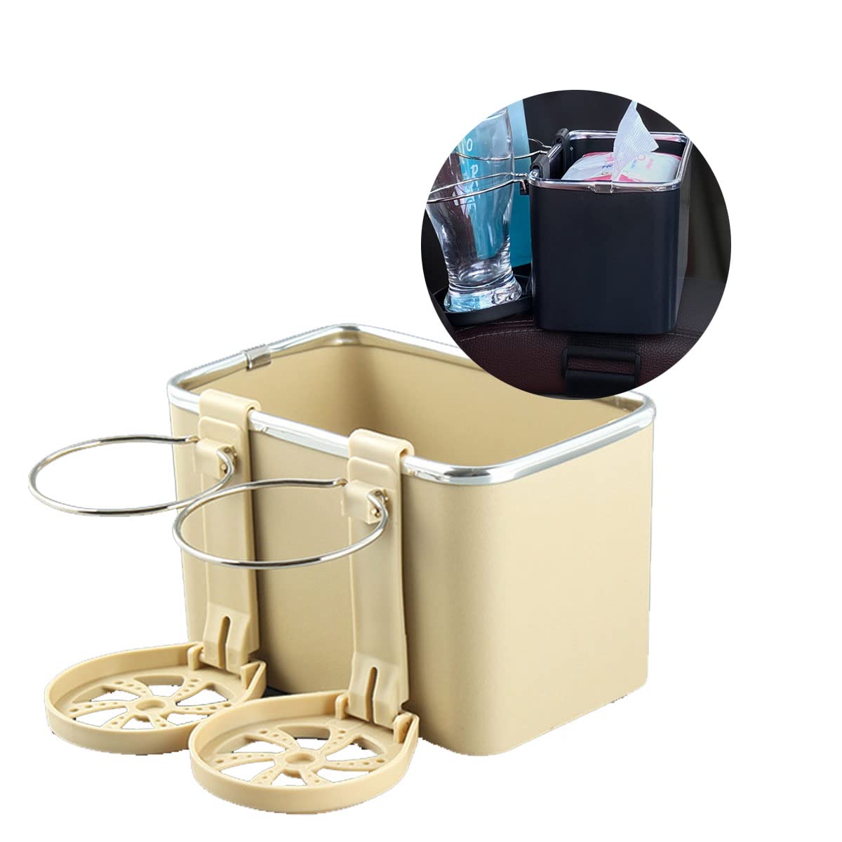 Multifunctional Car Armrest Storage Organizer with Cup Holders & Tissue Box - Beige | Perfect for Coffee, Drinks & Small Items | Ideal for Road Trips, Commuting & Daily Use