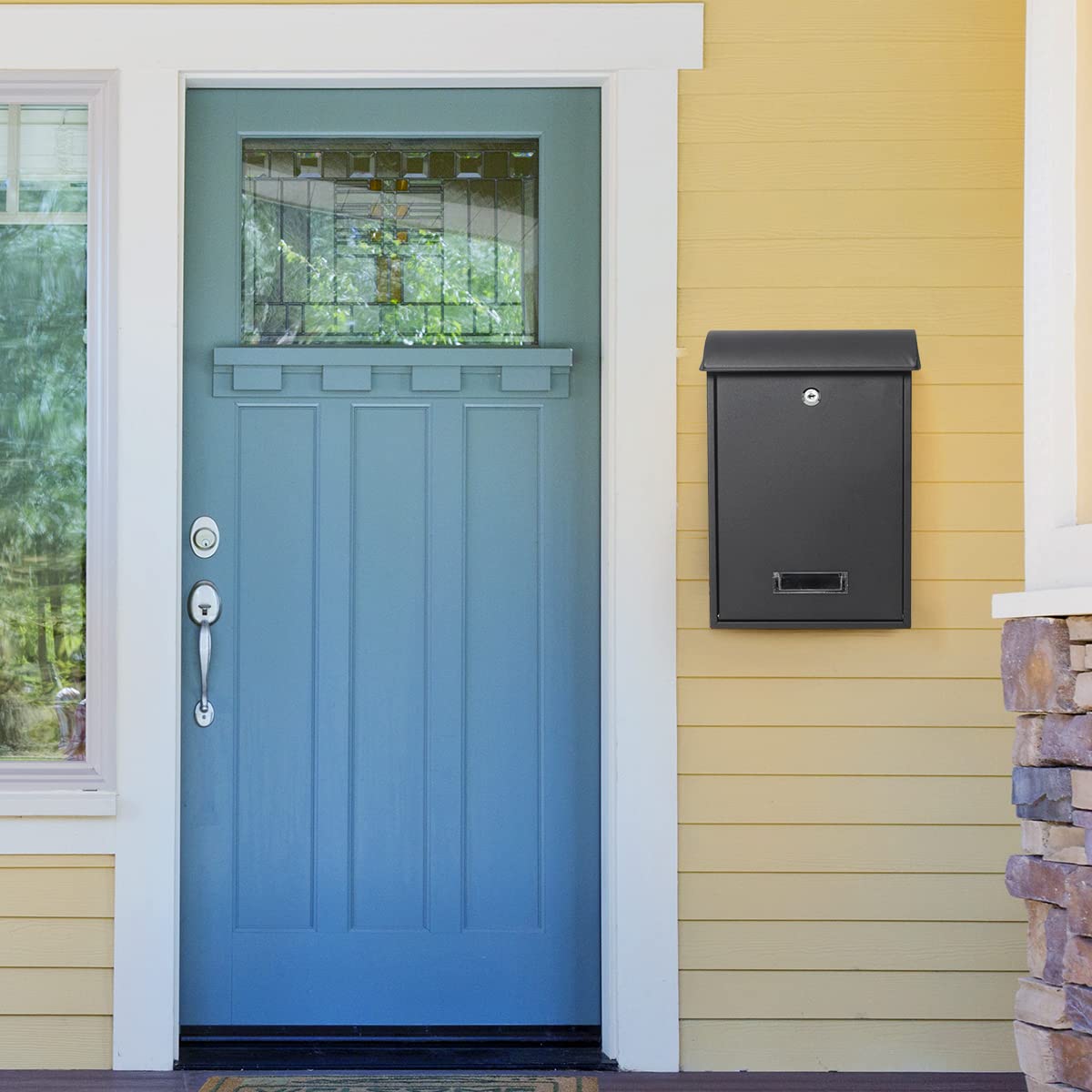 Secure Wall Mounted Mailbox with Key Lock - Medium Capacity Outdoor Locking Mail Box for Home & Apartment - Weatherproof Black Mail Drop Box for Porch, Garden & Front Door Security